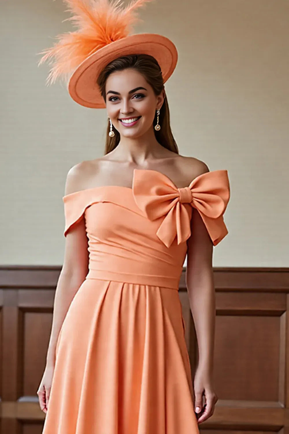 Chic A-Line Off the Shoulder Cap Sleeve Zipper Up Tea-Length Mother of the Bride Dress
