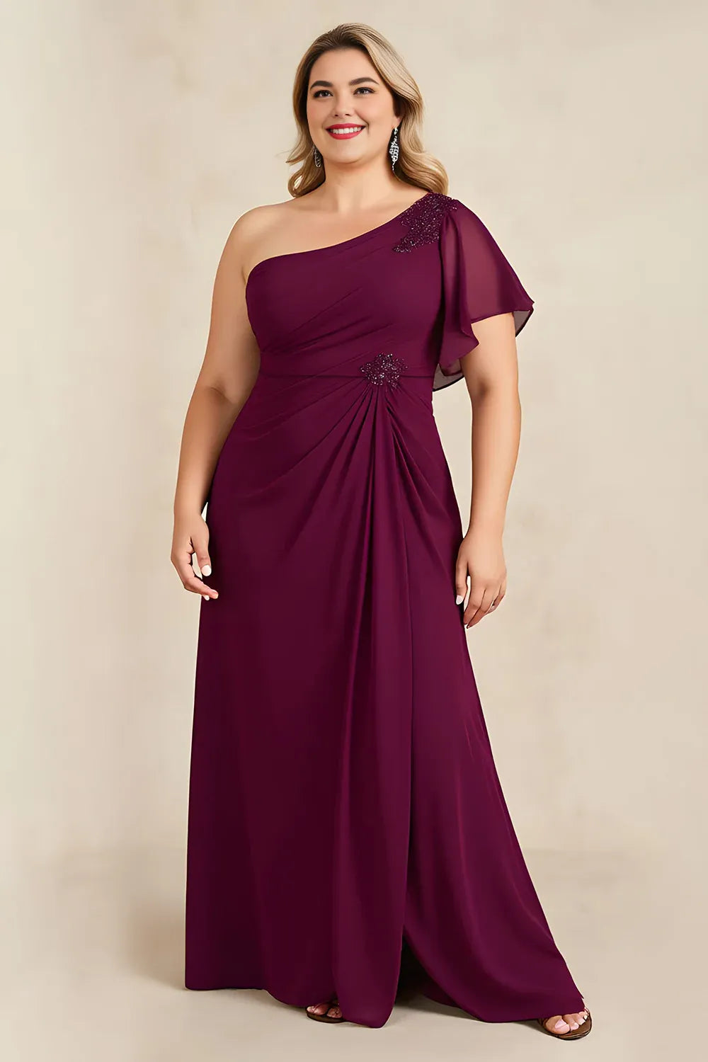 Chic A-Line One Shoulder Flutter Sleeve Zipper Up Floor-Length Plus Size Mother of the Bride Dress