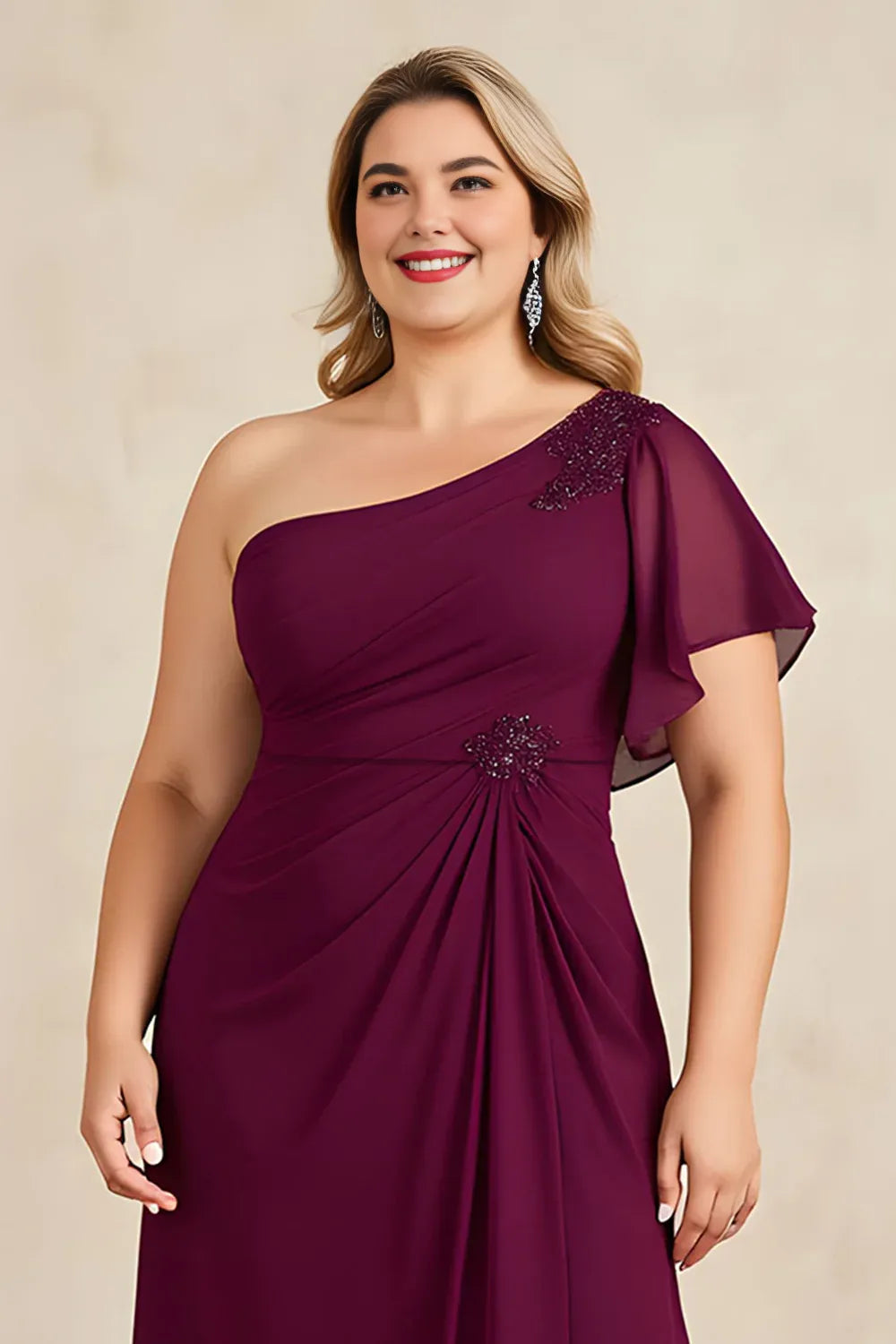 Chic A-Line One Shoulder Flutter Sleeve Zipper Up Floor-Length Plus Size Mother of the Bride Dress