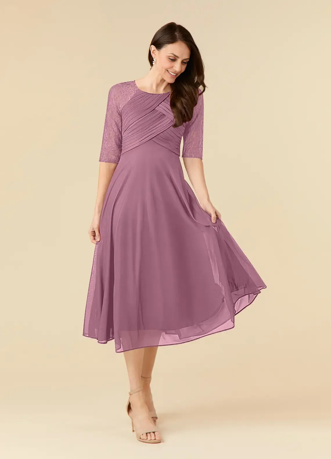 Chic A-Line Scoop Neck Three-Quarter Sleeve Back Zip Tea-Length Mother of the Bride Dress