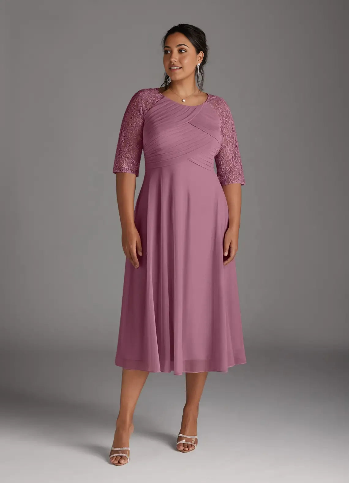 Chic A-Line Scoop Neck Three-Quarter Sleeve Back Zip Tea-Length Plus Size Mother of the Bride Dress