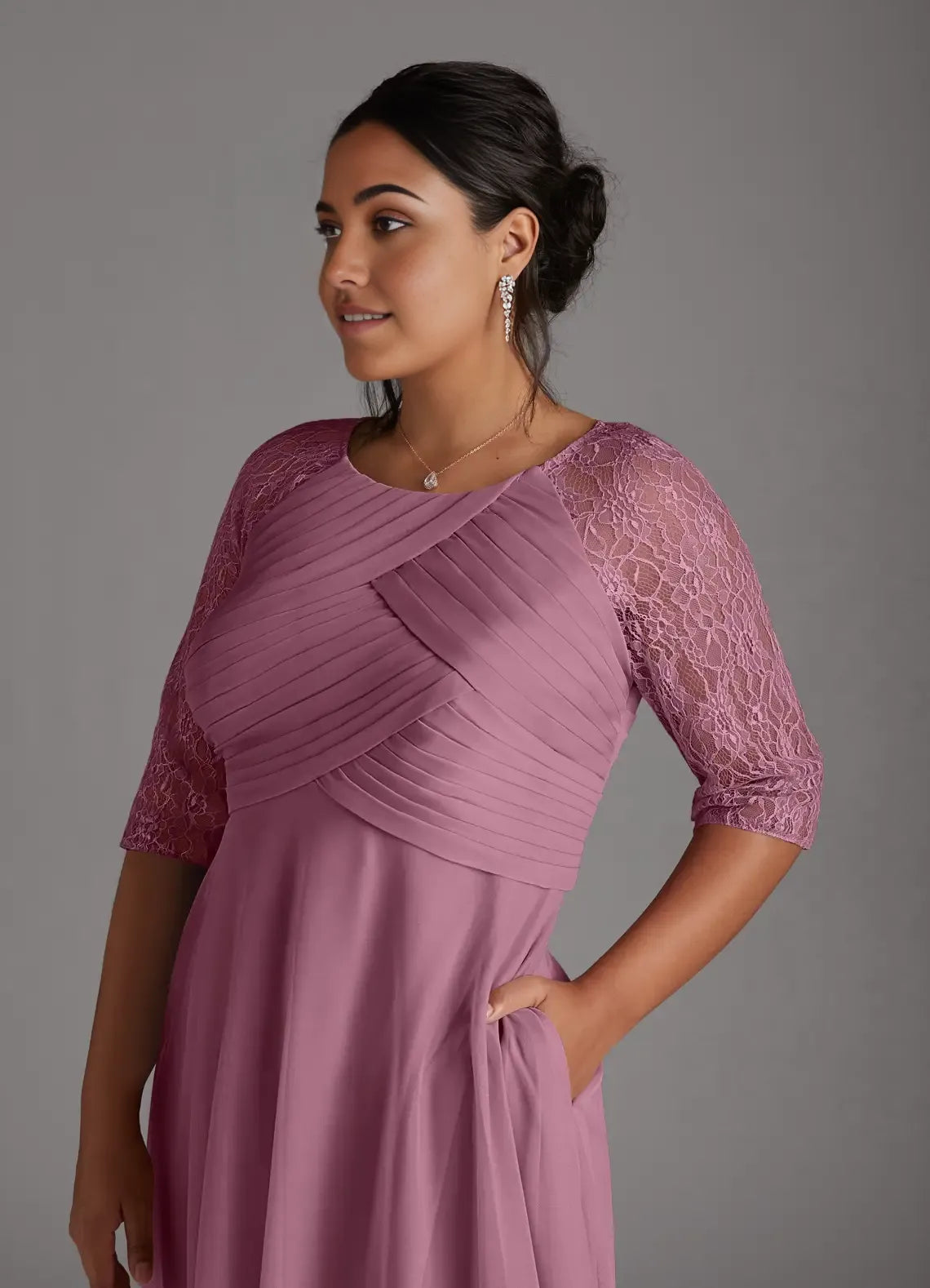 Chic A-Line Scoop Neck Three-Quarter Sleeve Back Zip Tea-Length Plus Size Mother of the Bride Dress