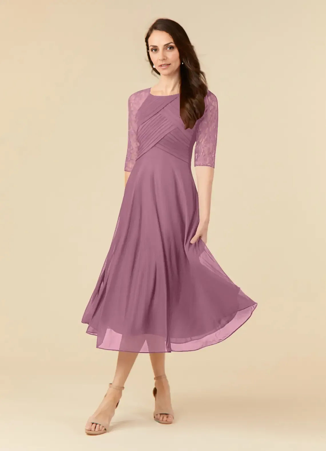 Chic A-Line Scoop Neck Three-Quarter Sleeve Back Zip Tea-Length Mother of the Bride Dress