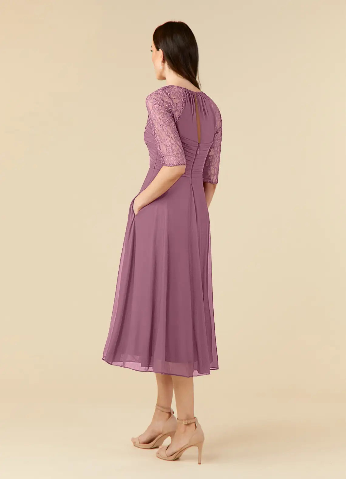 Chic A-Line Scoop Neck Three-Quarter Sleeve Back Zip Tea-Length Mother of the Bride Dress