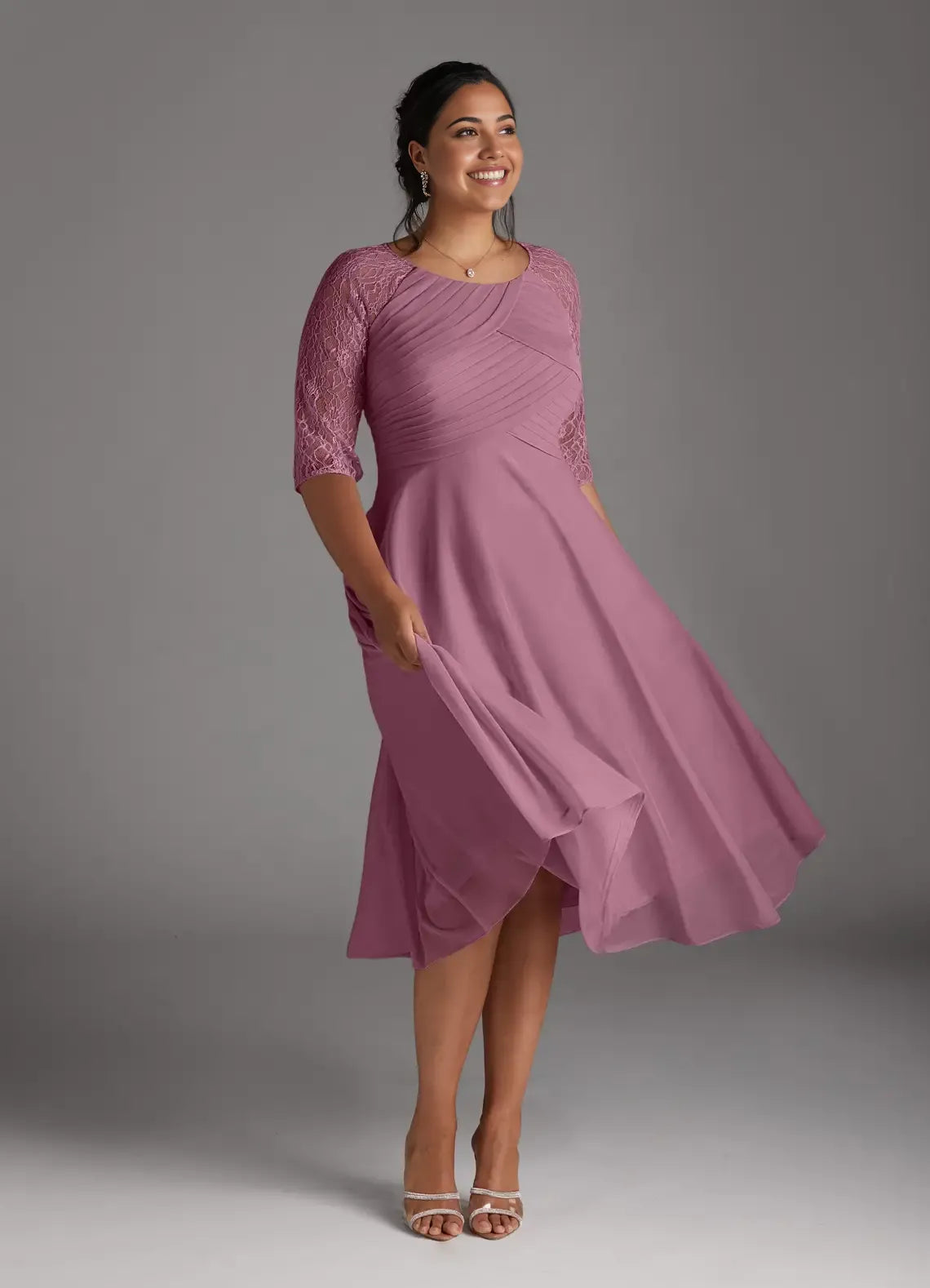 Chic A-Line Scoop Neck Three-Quarter Sleeve Back Zip Tea-Length Plus Size Mother of the Bride Dress