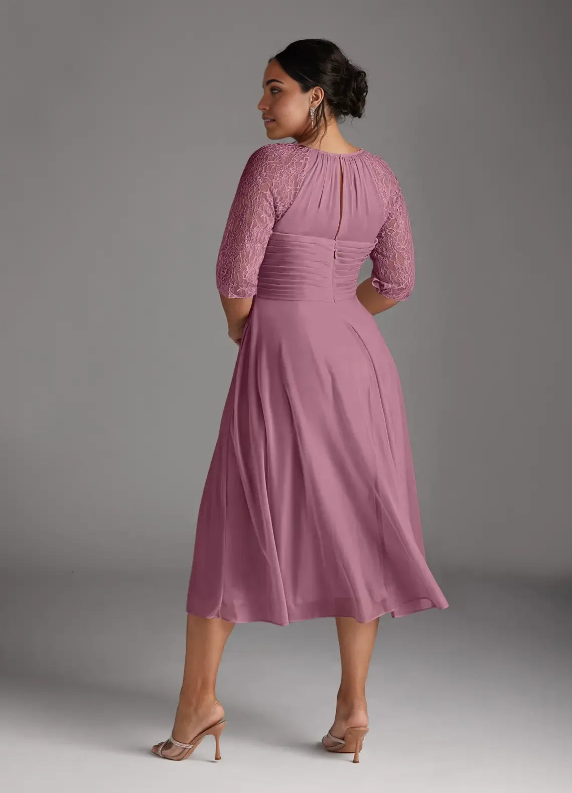 Chic A-Line Scoop Neck Three-Quarter Sleeve Back Zip Tea-Length Plus Size Mother of the Bride Dress