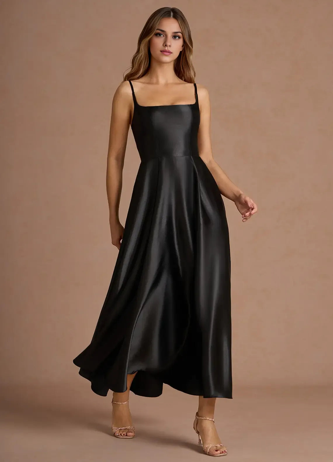 Chic A-Line Square Neck Sleeveless Lace-Up Ankle-Length Evening Dress