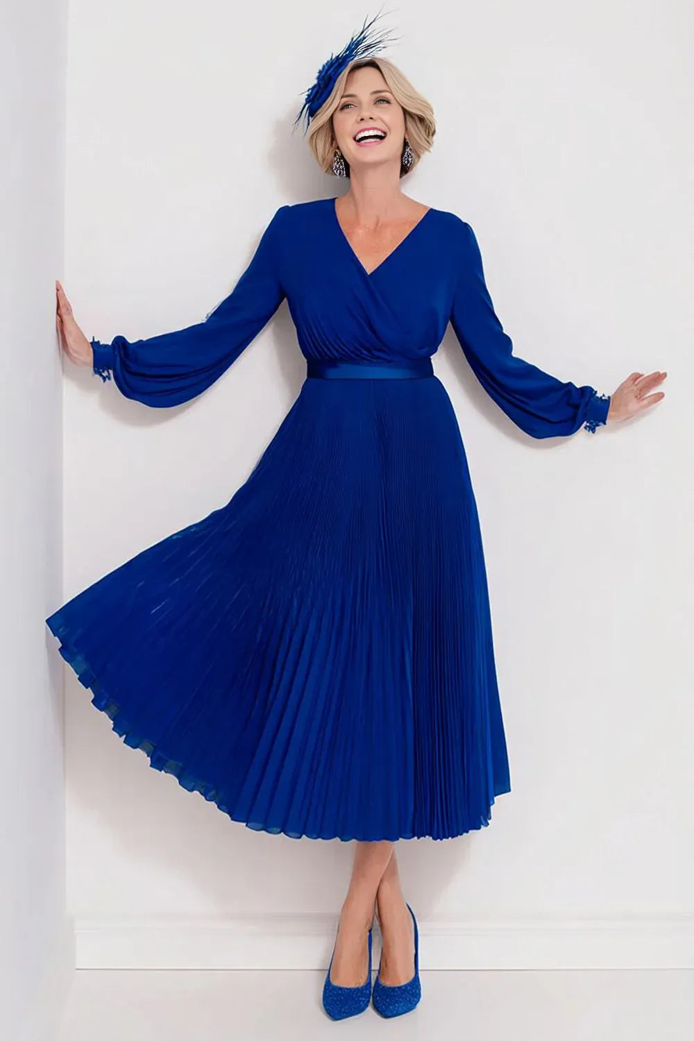 Chic A-Line V-Neck Long Sleeve Solid Color Tea-Length Mother of the Bride Dress