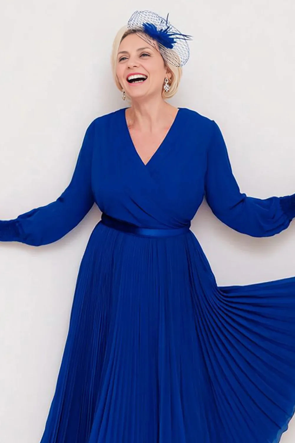Chic A-Line V-Neck Long Sleeve Solid Color Tea-Length Mother of the Bride Dress