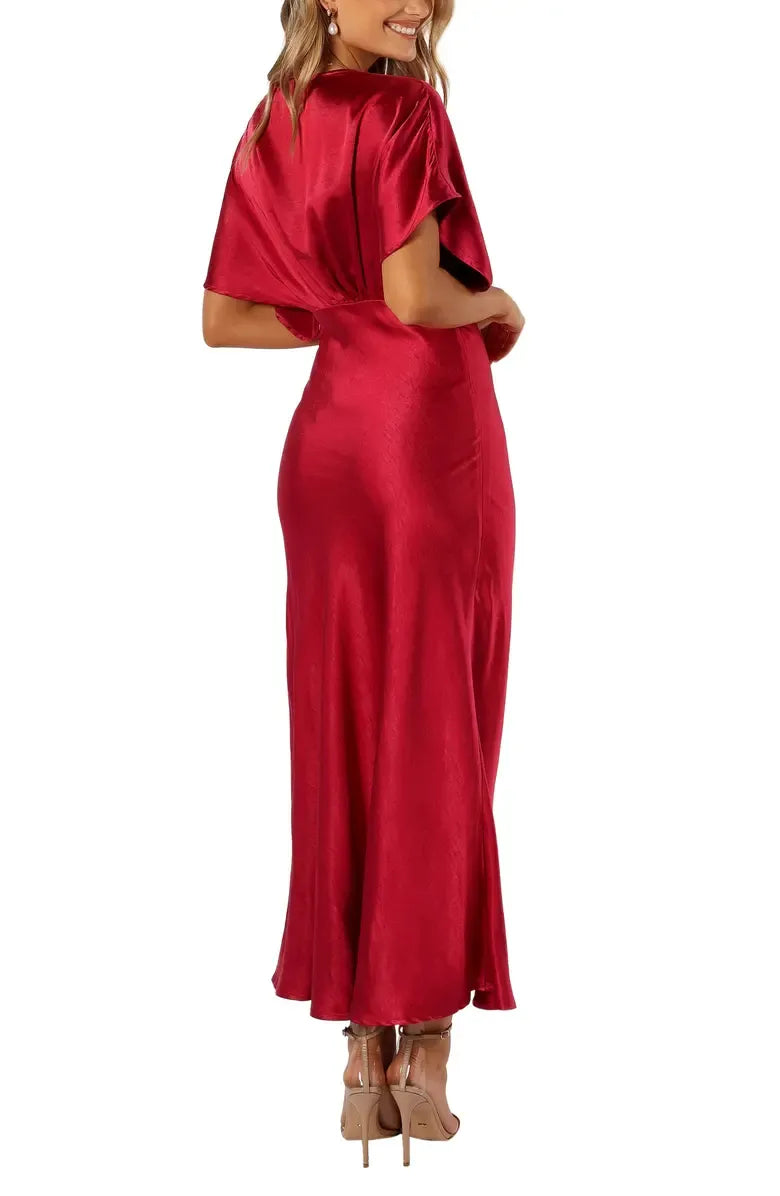 Chic A-Line V-neck Dolman Sleeve Satin Ankle-Length Prom Dress