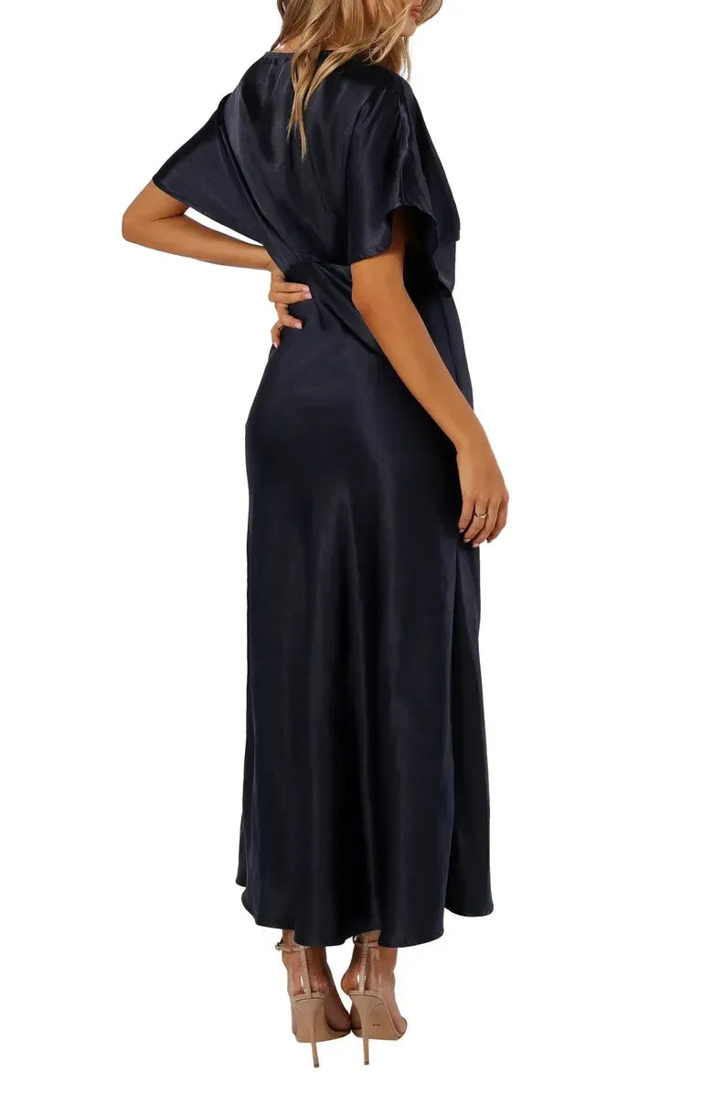 Chic A-Line V-neck Dolman Sleeve Satin Ankle-Length Prom Dress