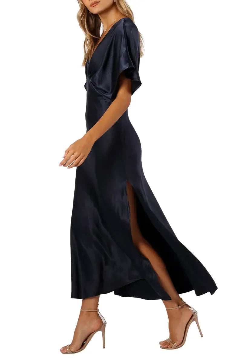 Chic A-Line V-neck Dolman Sleeve Satin Ankle-Length Prom Dress