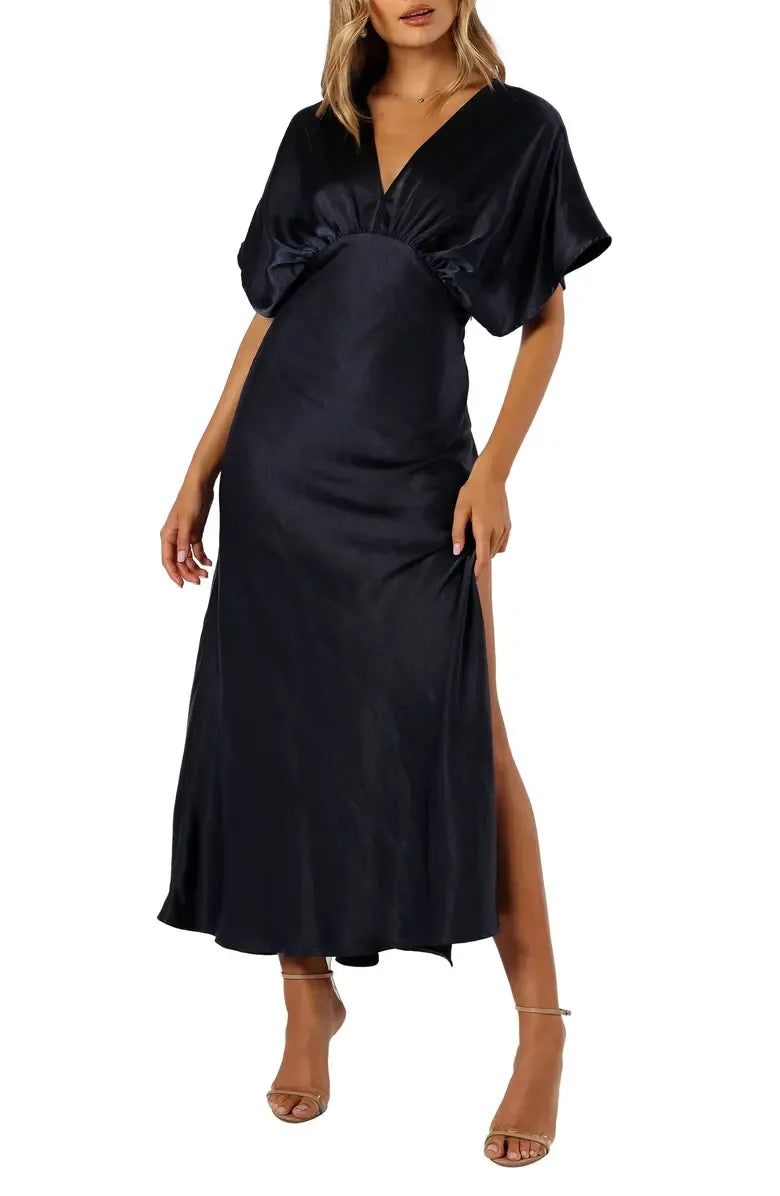 Chic A-Line V-neck Dolman Sleeve Satin Ankle-Length Prom Dress