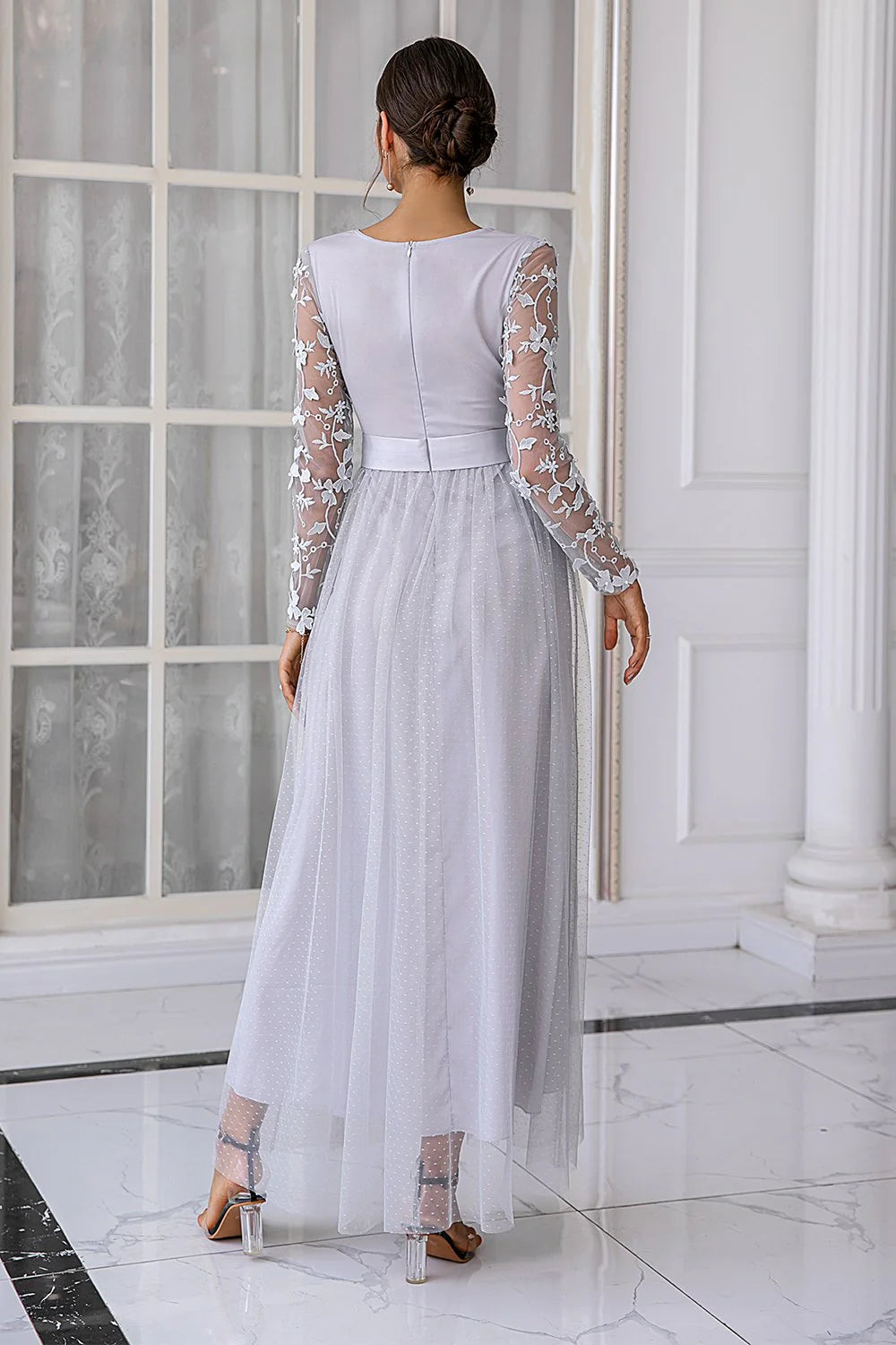 Chic A-Line V Neck Long Sleeve Zipper Up Floor-Length Mother of the Bride Dress