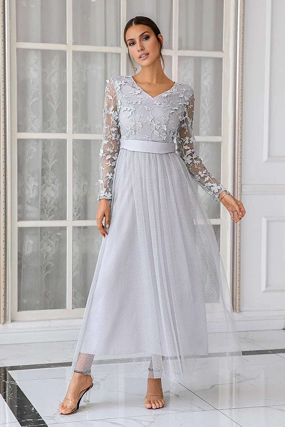 Chic A-Line V Neck Long Sleeve Zipper Up Floor-Length Mother of the Bride Dress