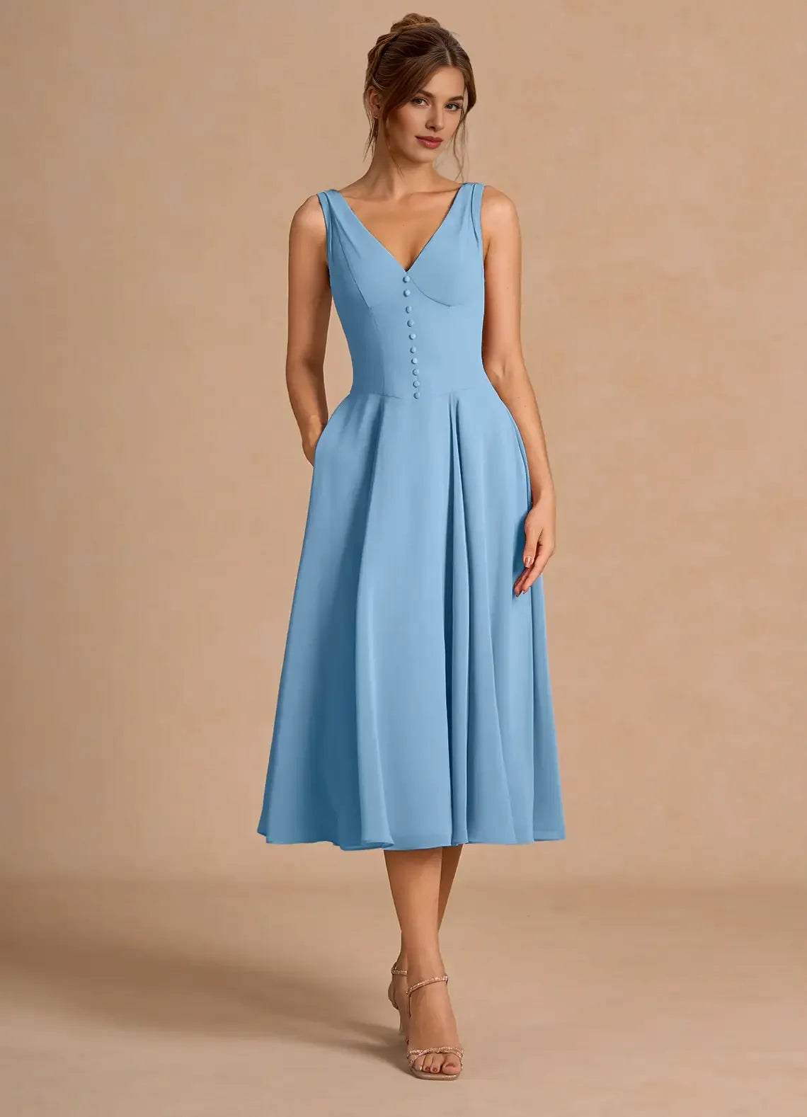 Chic A-Line V Neck Sleeveless Zipper Up Tea-Length Evening Dress