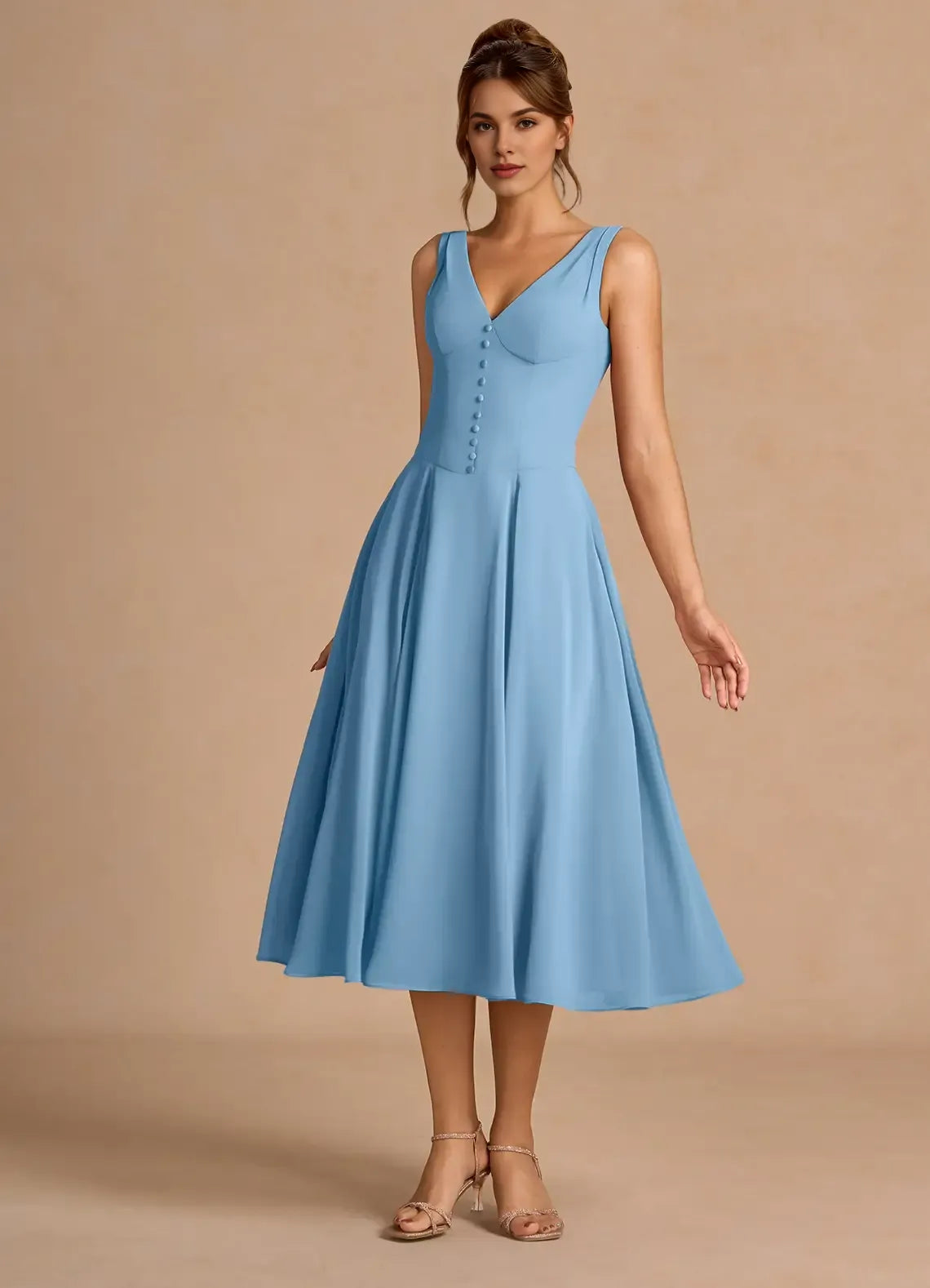 Chic A-Line V Neck Sleeveless Zipper Up Tea-Length Evening Dress