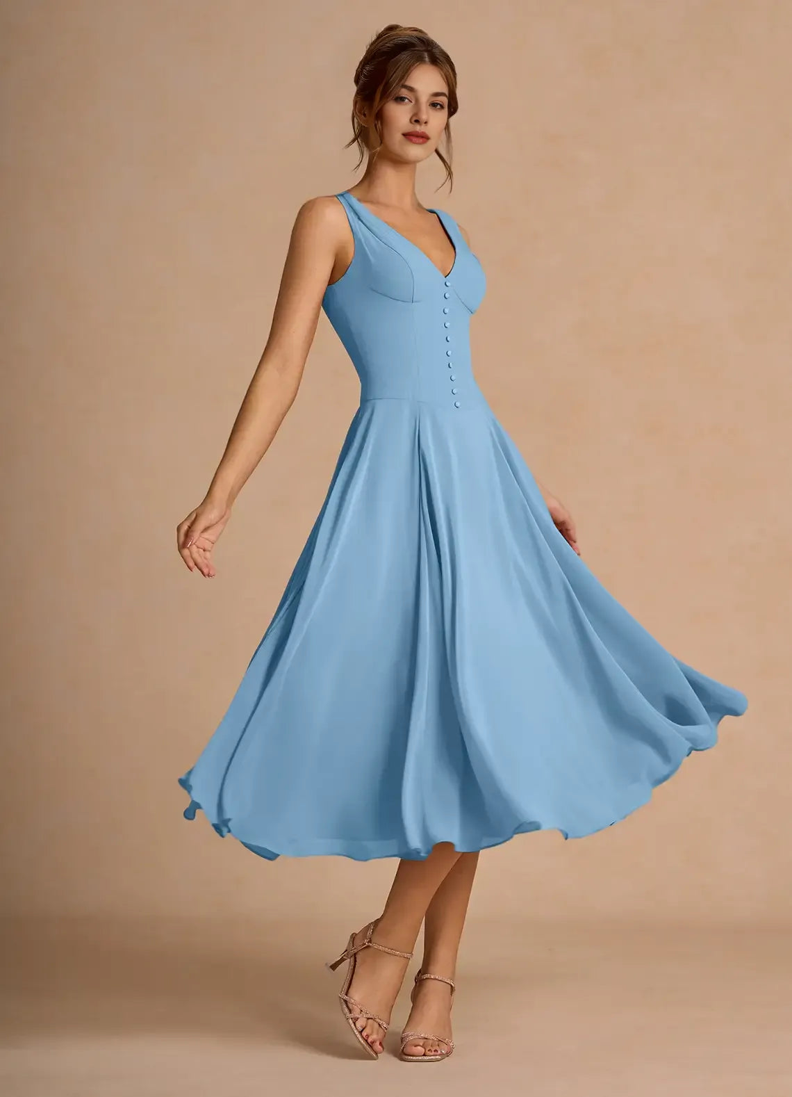 Chic A-Line V Neck Sleeveless Zipper Up Tea-Length Evening Dress