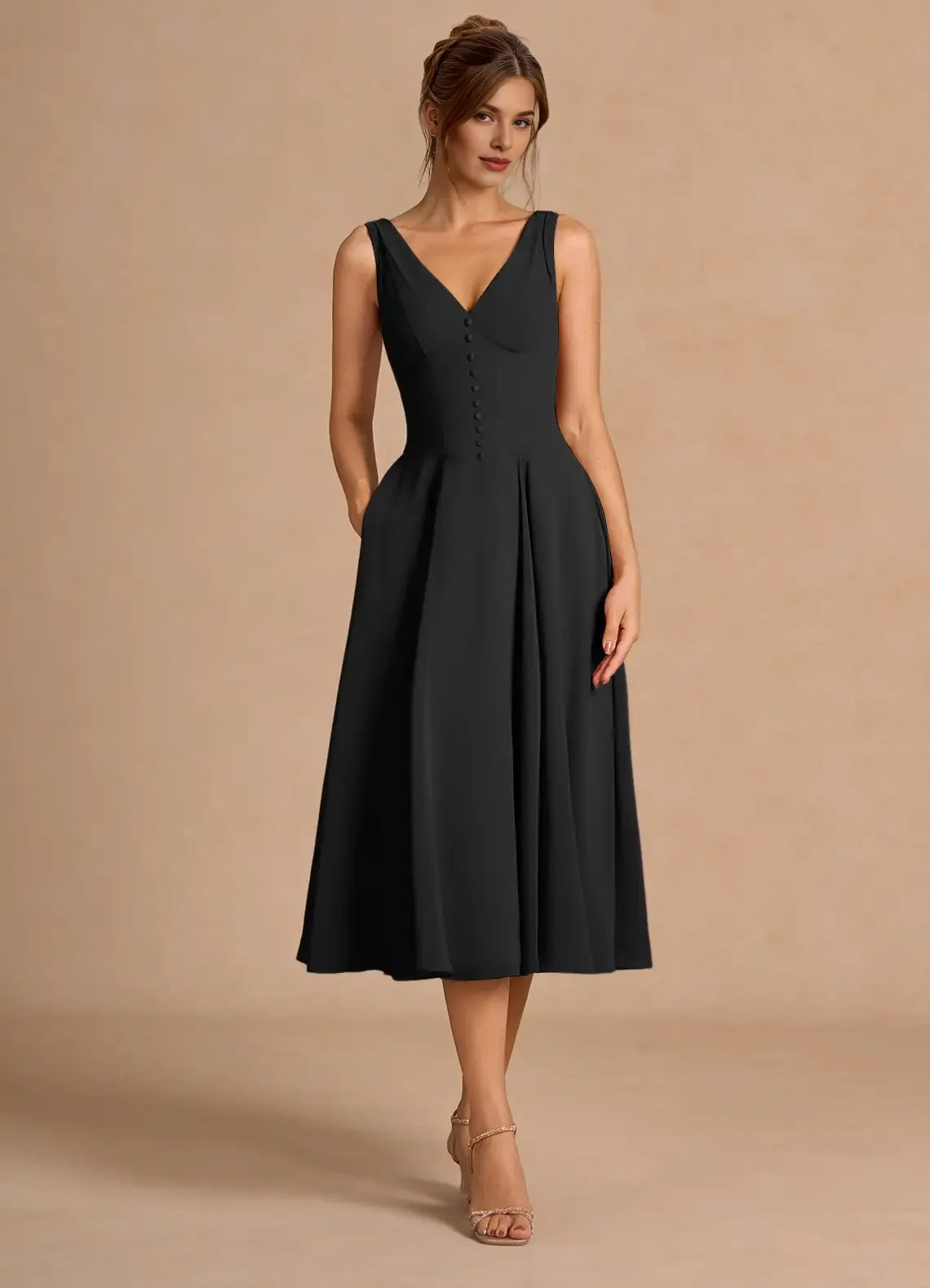 Chic A-Line V Neck Sleeveless Zipper Up Tea-Length Evening Dress