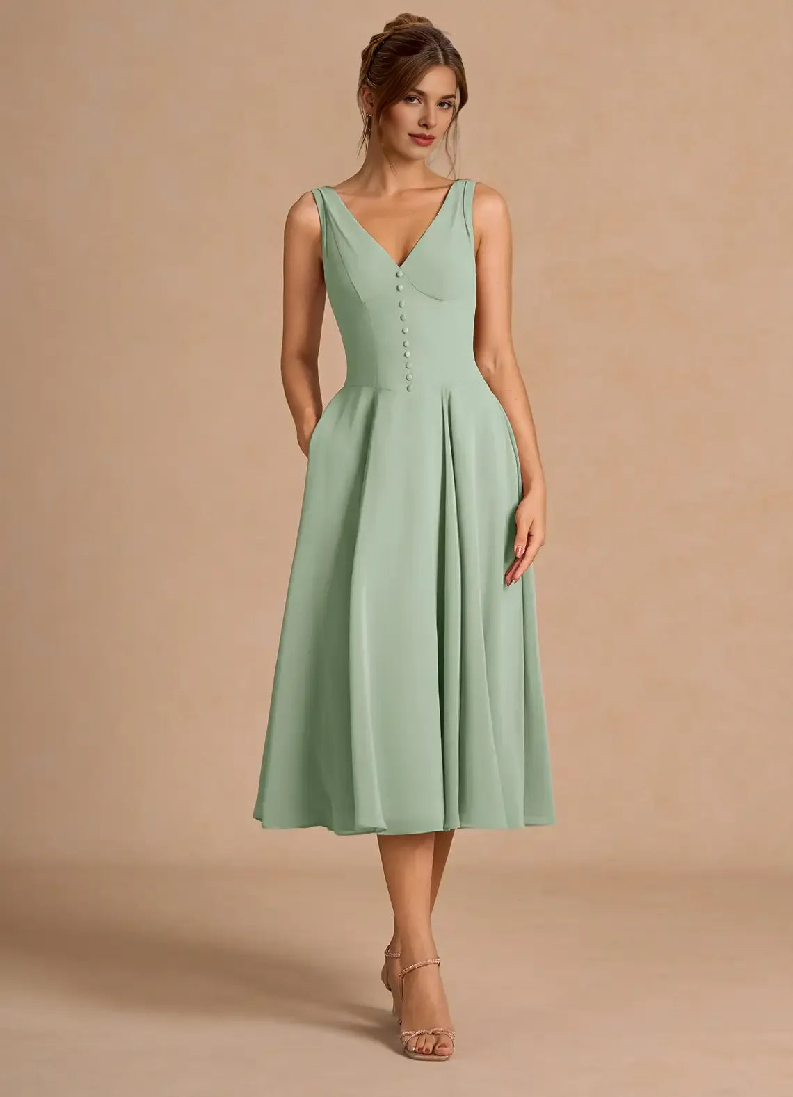 Chic A-Line V Neck Sleeveless Zipper Up Tea-Length Evening Dress