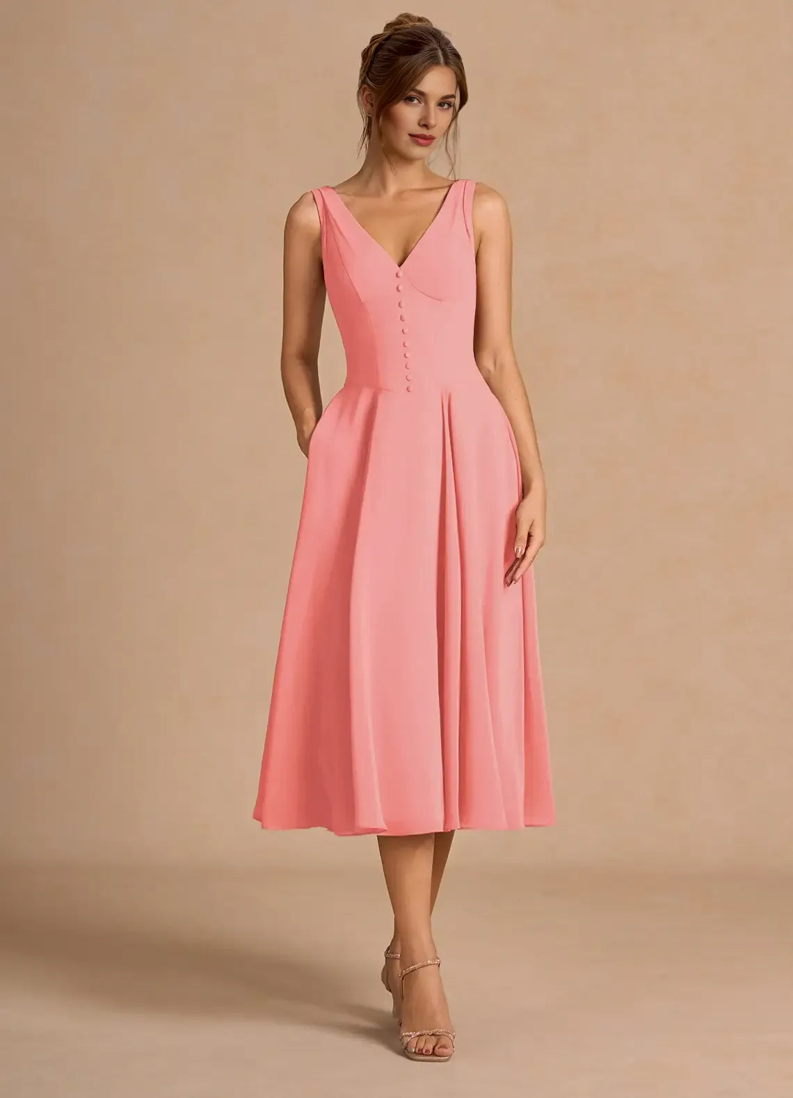 Chic A-Line V Neck Sleeveless Zipper Up Tea-Length Evening Dress