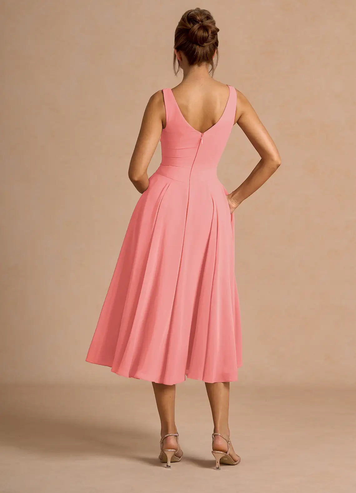 Chic A-Line V Neck Sleeveless Zipper Up Tea-Length Evening Dress
