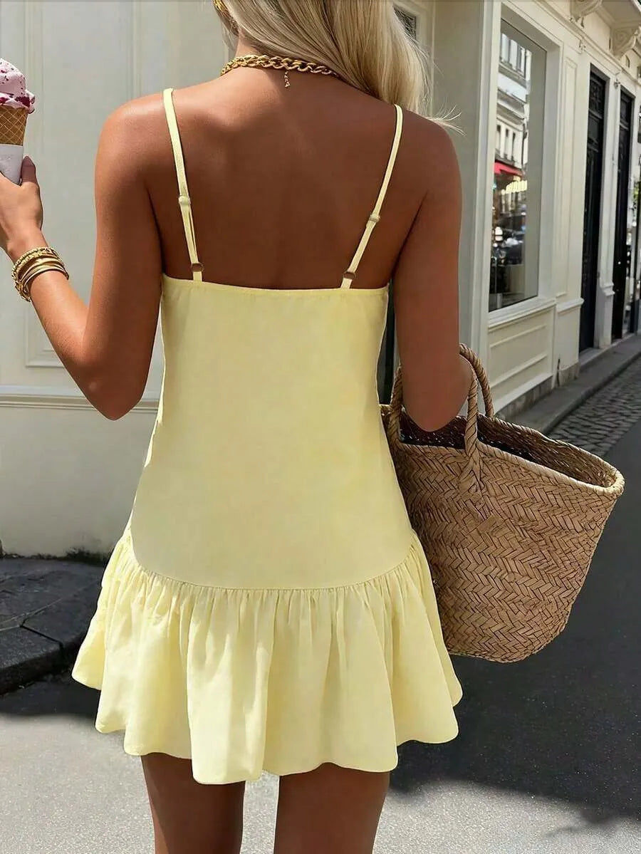 Chic A-line V Neck Spaghetti Straps Ruched Ruffle Hem Yellow Mini Homecoming Dress