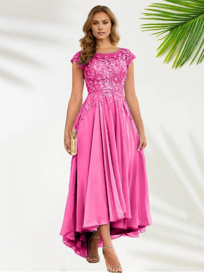 Chic A Line Illusion Neck Cap Sleeves Chiffon Floor-Length Mother of the Bride Dress