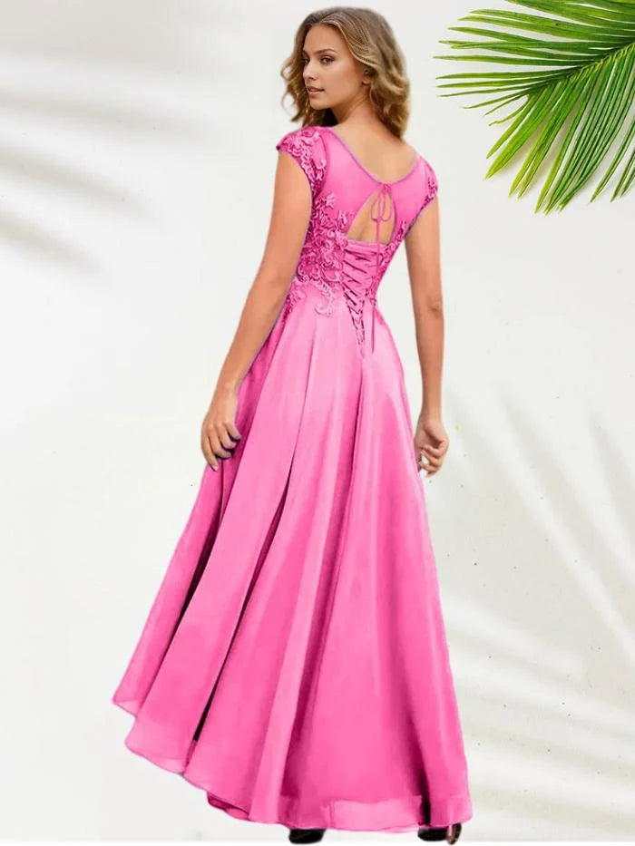 Chic A Line Illusion Neck Cap Sleeves Chiffon Floor-Length Mother of the Bride Dress