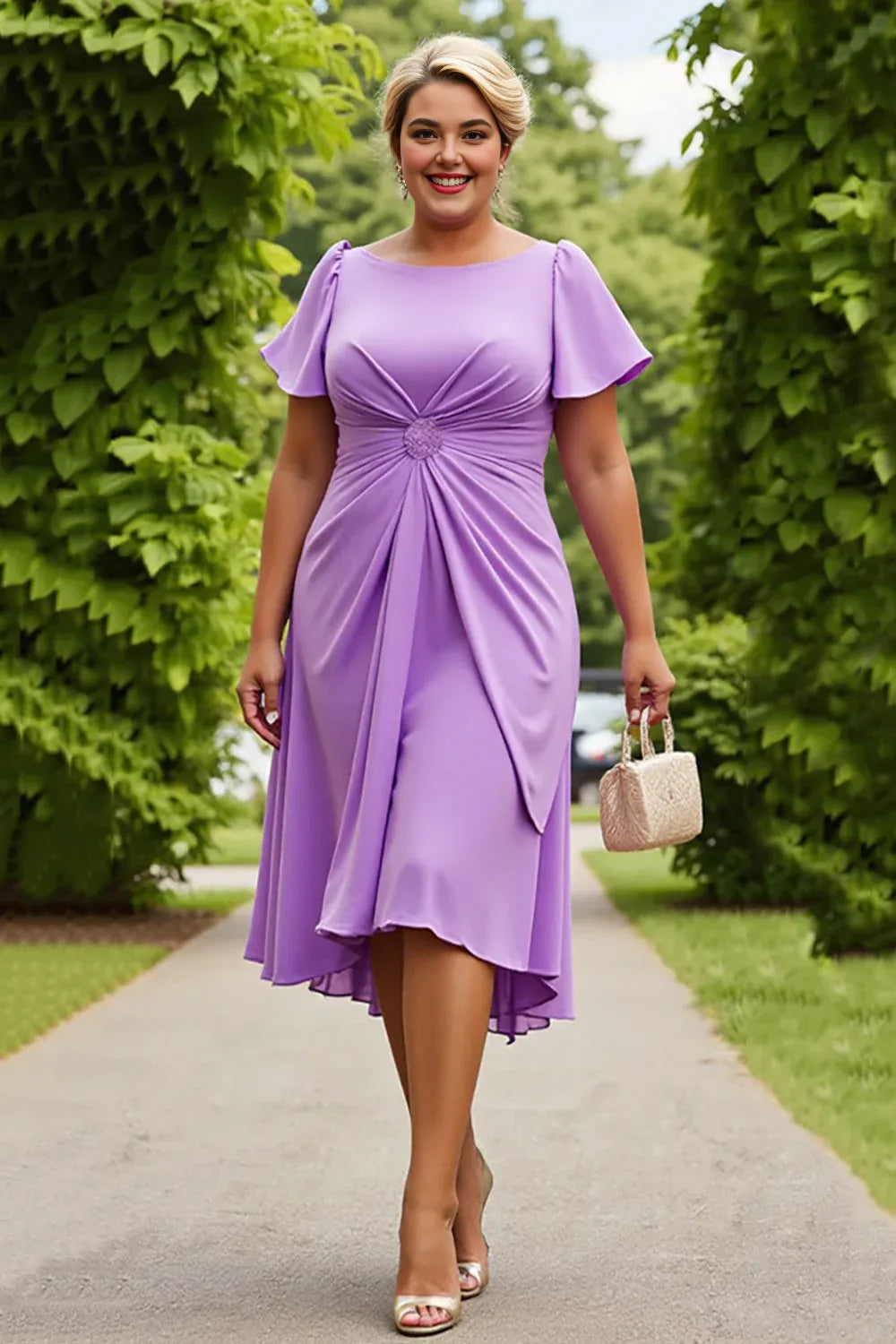 Chic A Line Scoop Neck Short Sleeves Keyhole Back Tea-Length Plus Size Mother of the Bride Dress