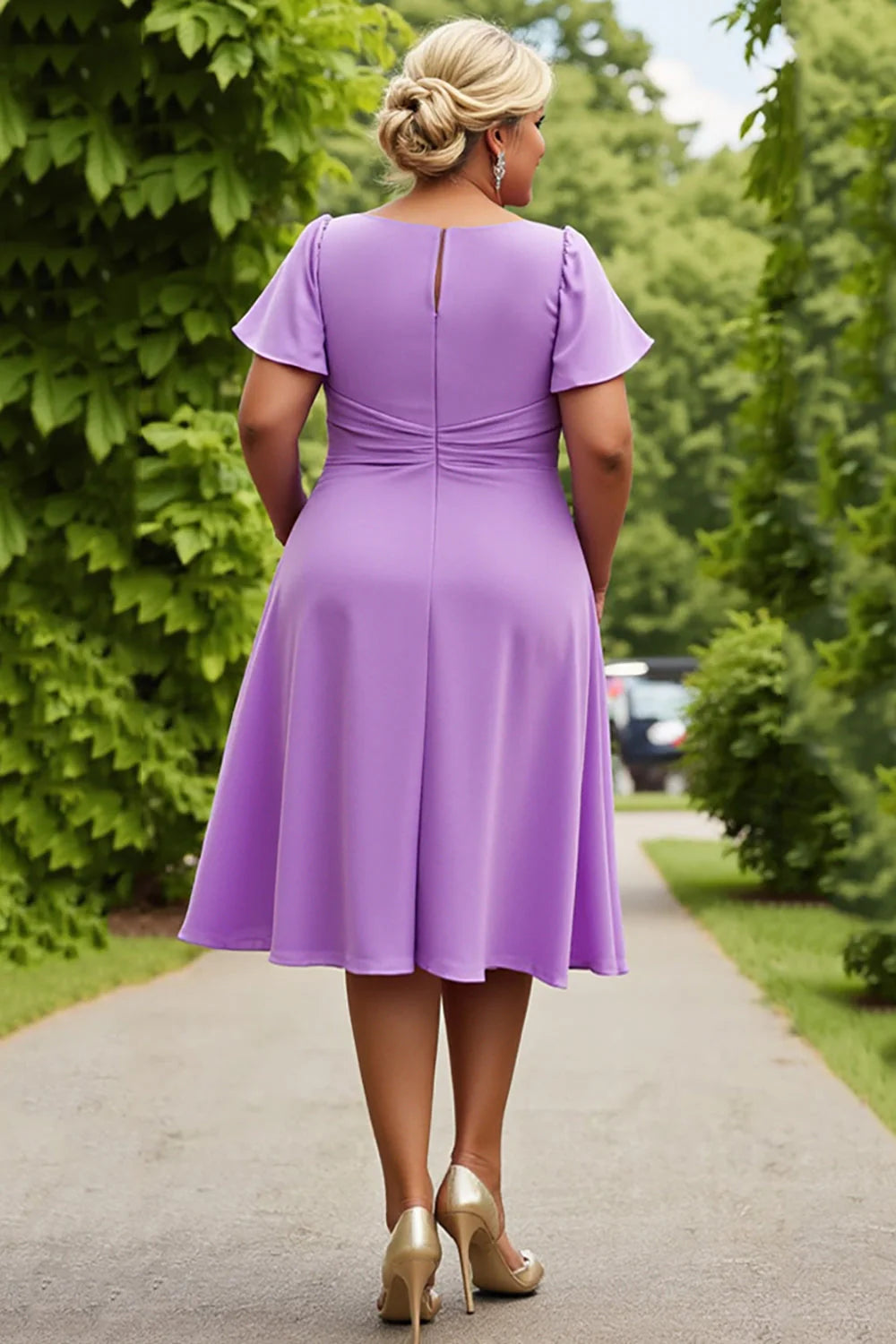 Chic A Line Scoop Neck Short Sleeves Keyhole Back Tea-Length Plus Size Mother of the Bride Dress