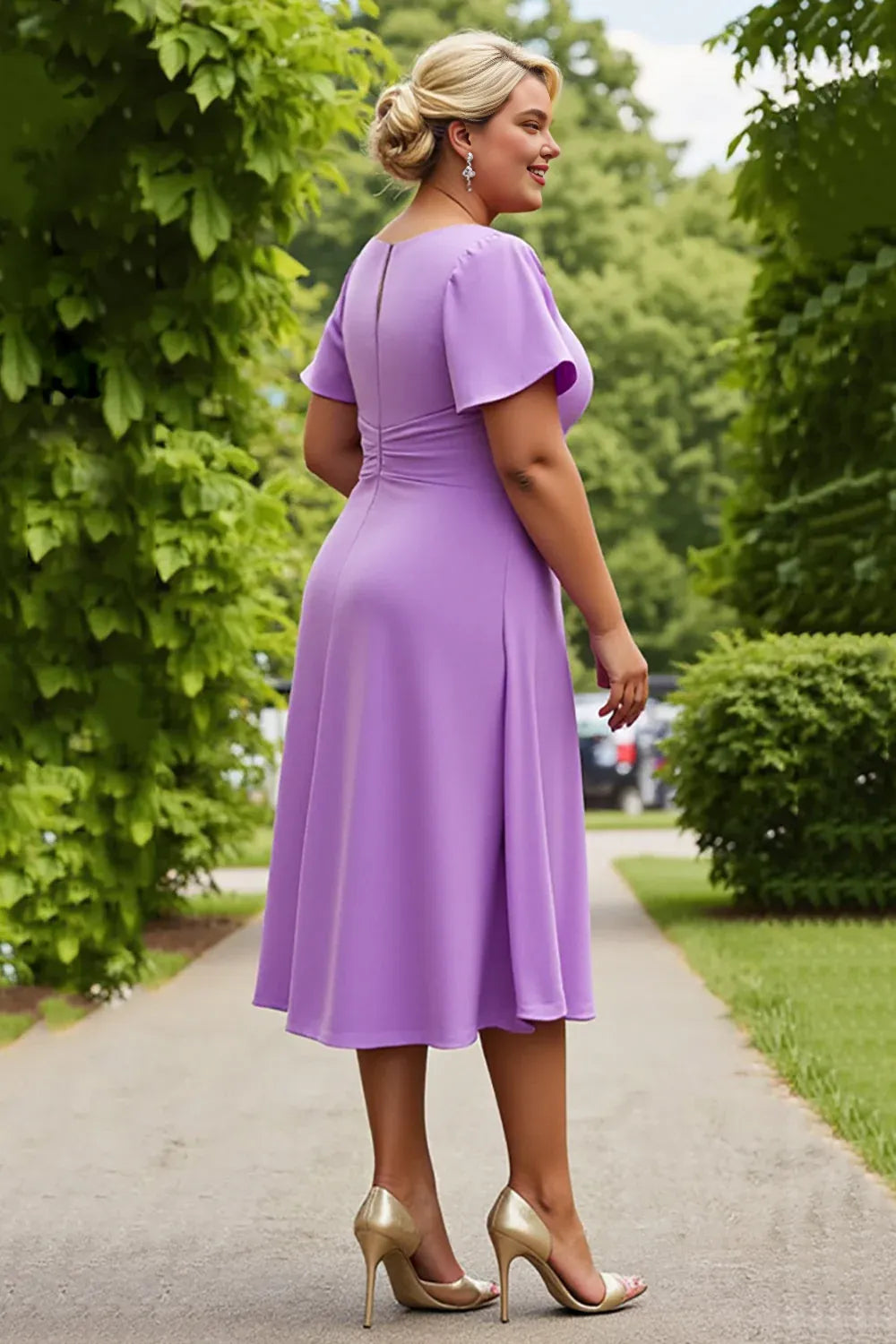 Chic A Line Scoop Neck Short Sleeves Keyhole Back Tea-Length Plus Size Mother of the Bride Dress
