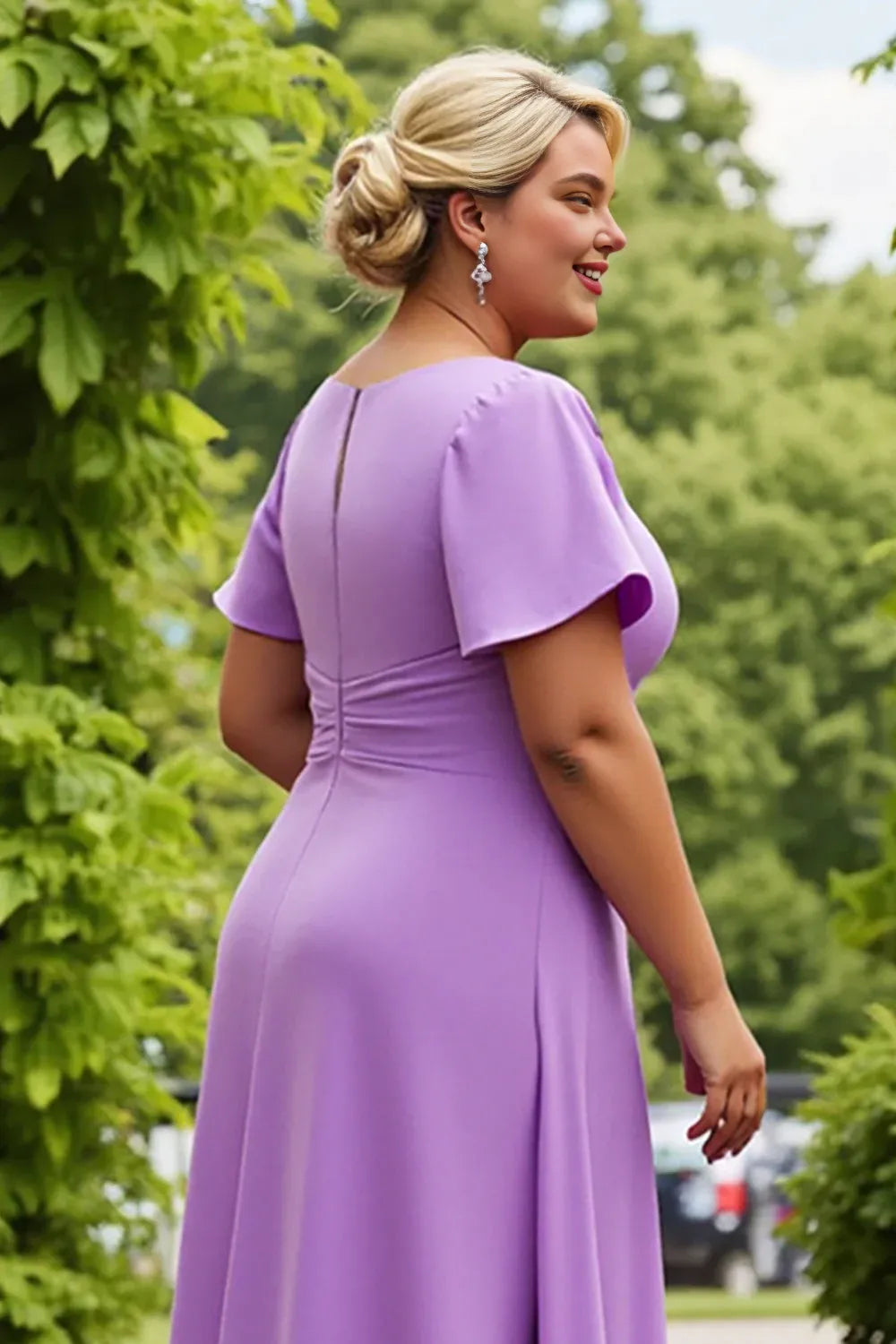 Chic A Line Scoop Neck Short Sleeves Keyhole Back Tea-Length Plus Size Mother of the Bride Dress