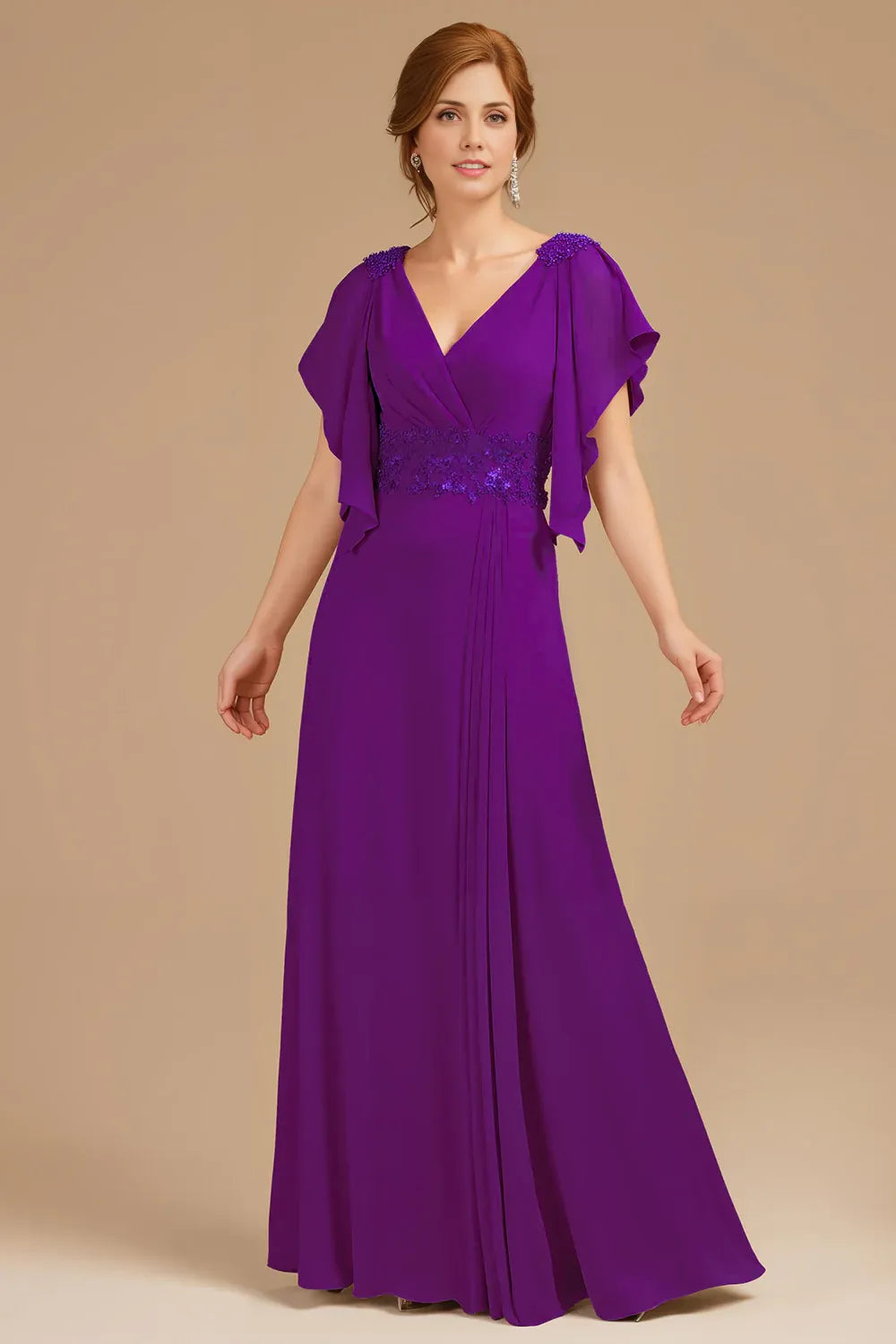 Chic A Line V-Neck Flutter Sleeve Zipper Up Floor-Length Mother of the Bride Dress