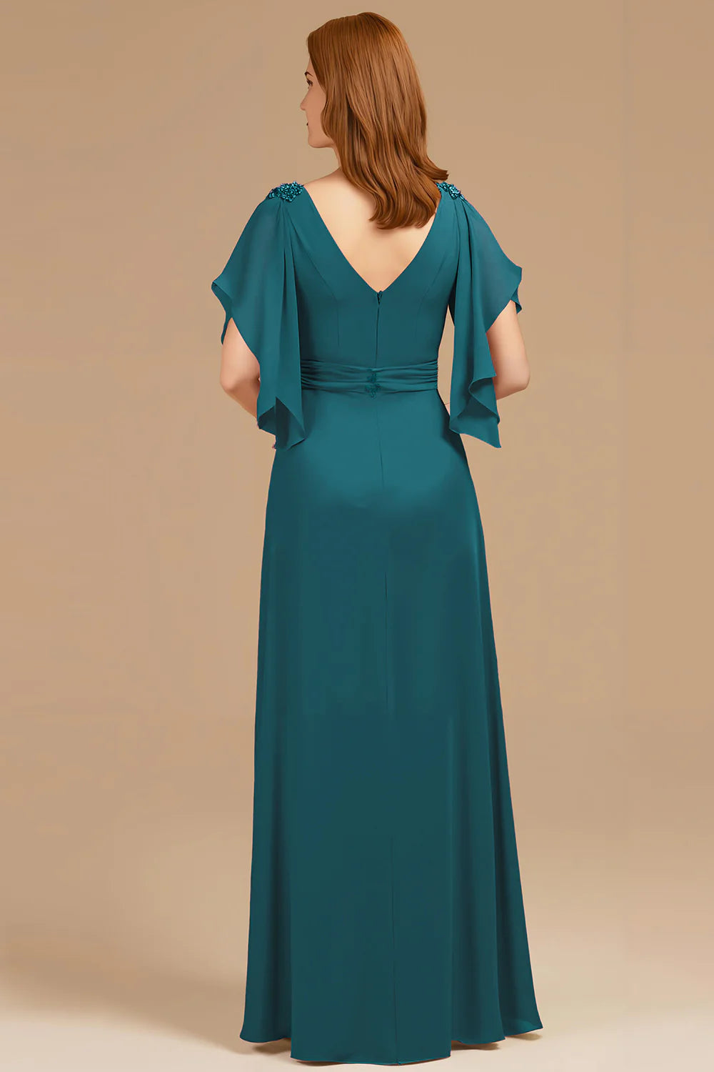 Chic A Line V-Neck Flutter Sleeve Zipper Up Floor-Length Mother of the Bride Dress