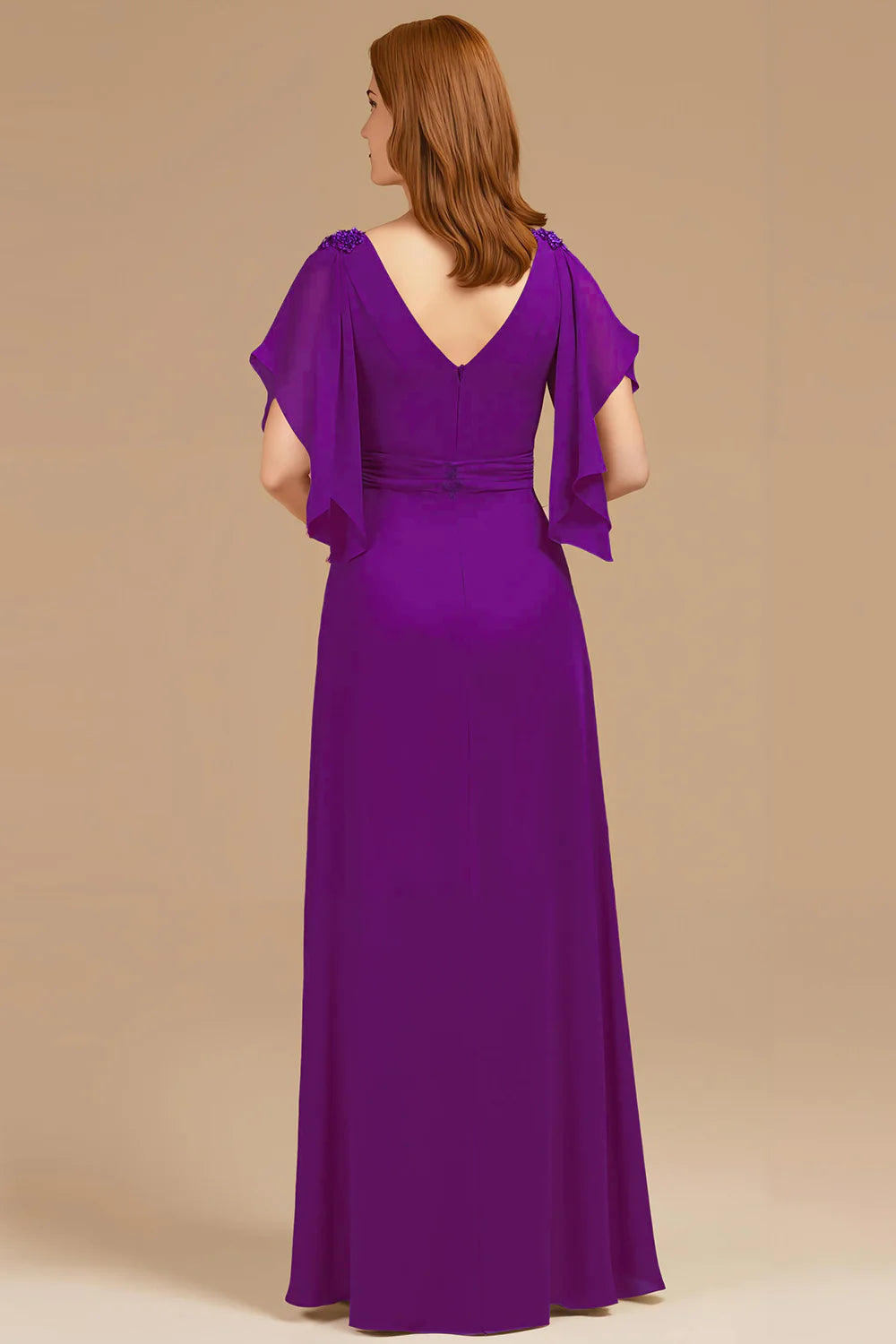 Chic A Line V-Neck Flutter Sleeve Zipper Up Floor-Length Mother of the Bride Dress