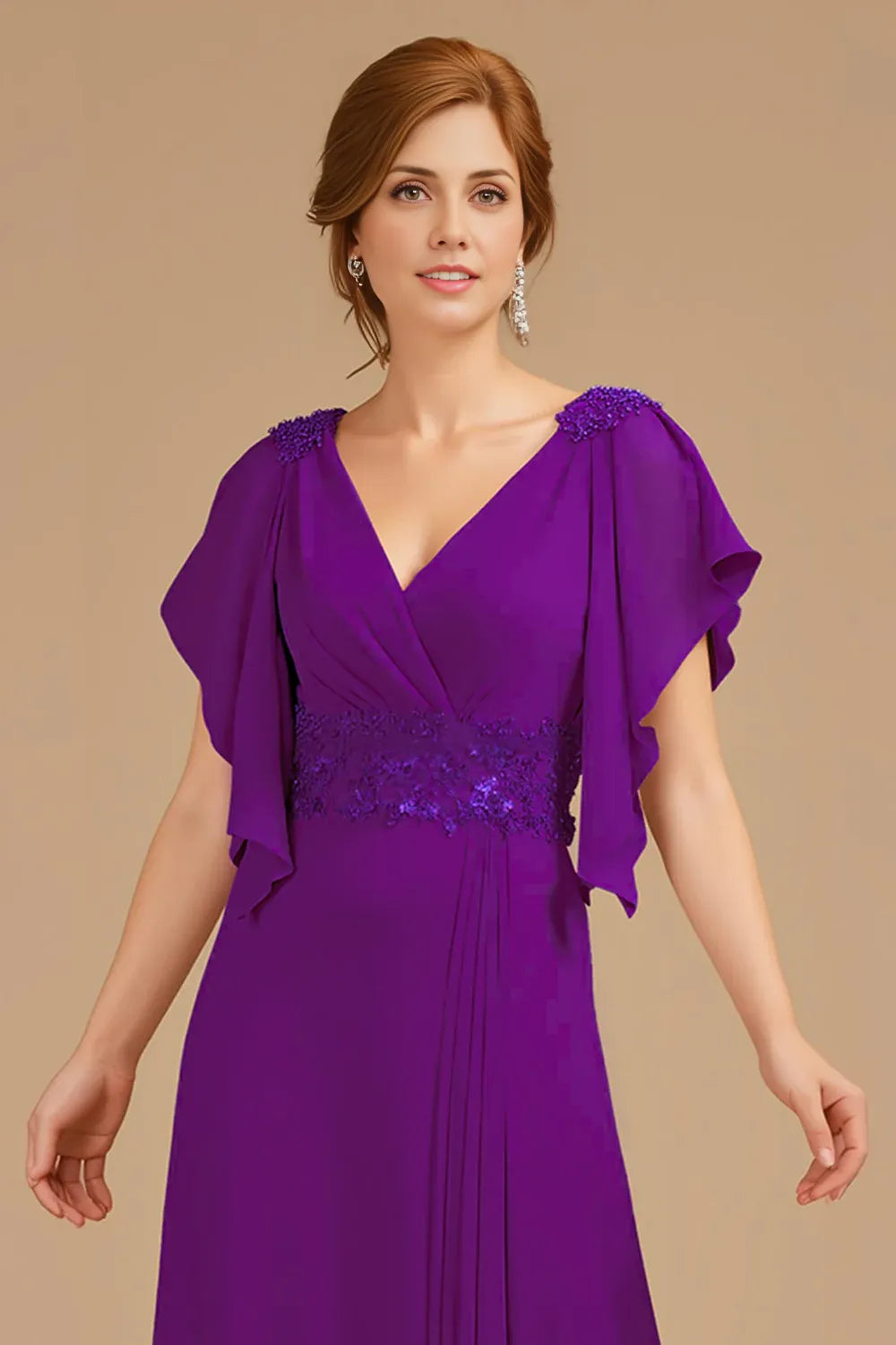 Chic A Line V-Neck Flutter Sleeve Zipper Up Floor-Length Mother of the Bride Dress