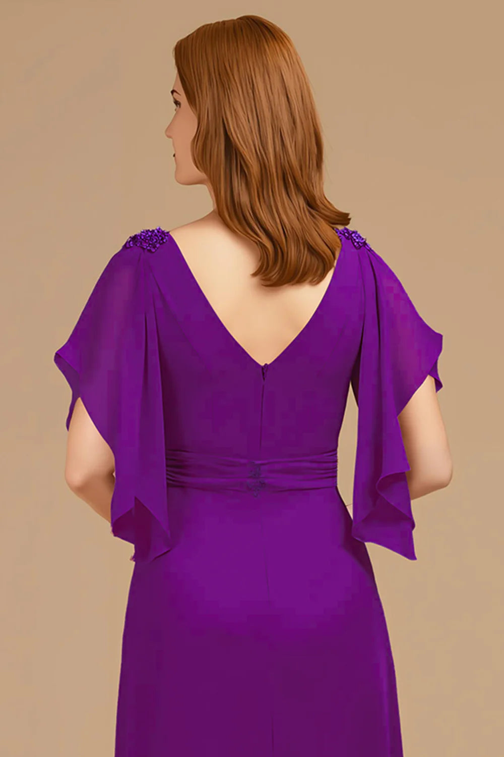Chic A Line V-Neck Flutter Sleeve Zipper Up Floor-Length Mother of the Bride Dress