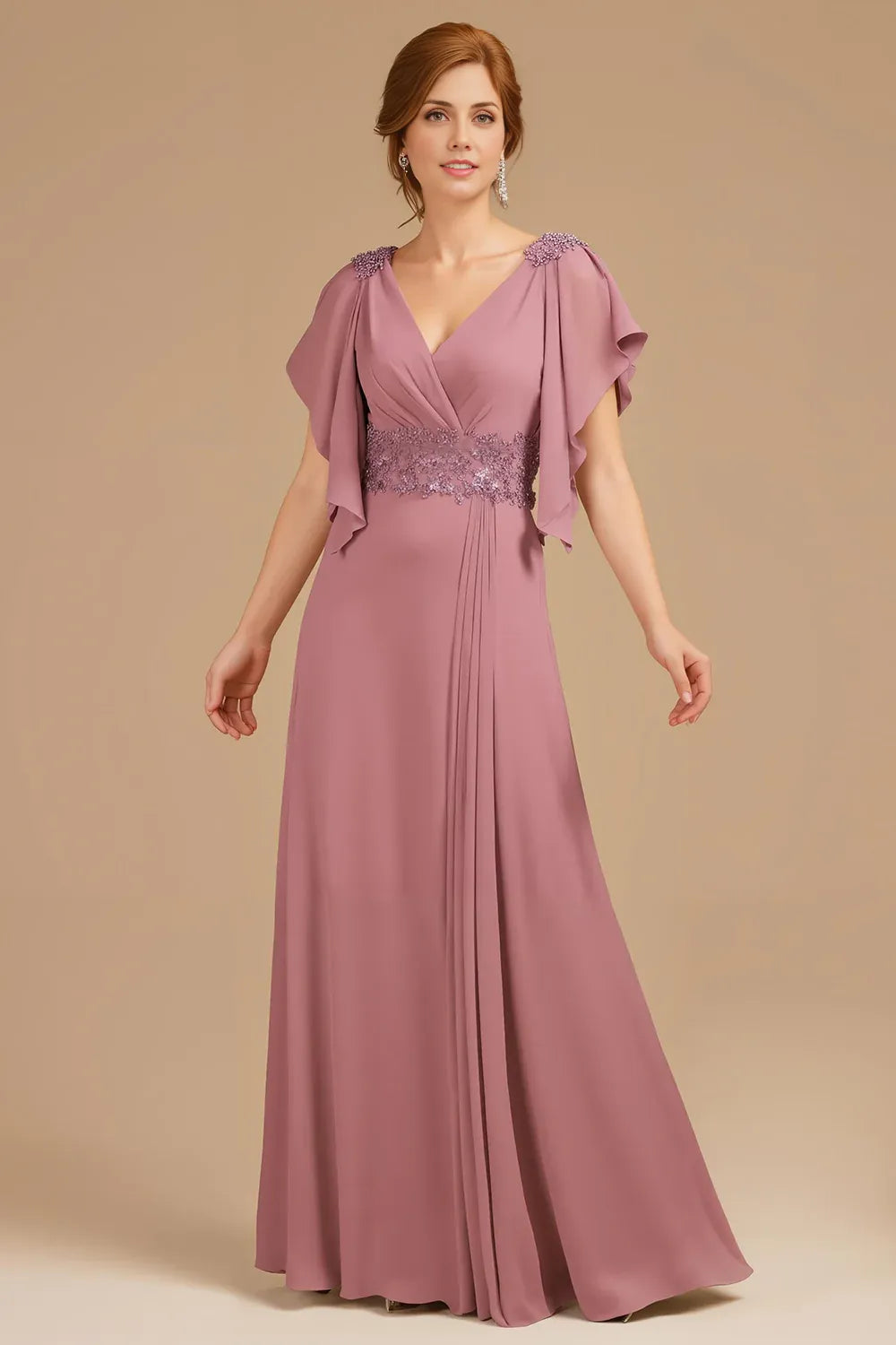 Chic A Line V-Neck Flutter Sleeve Zipper Up Floor-Length Mother of the Bride Dress