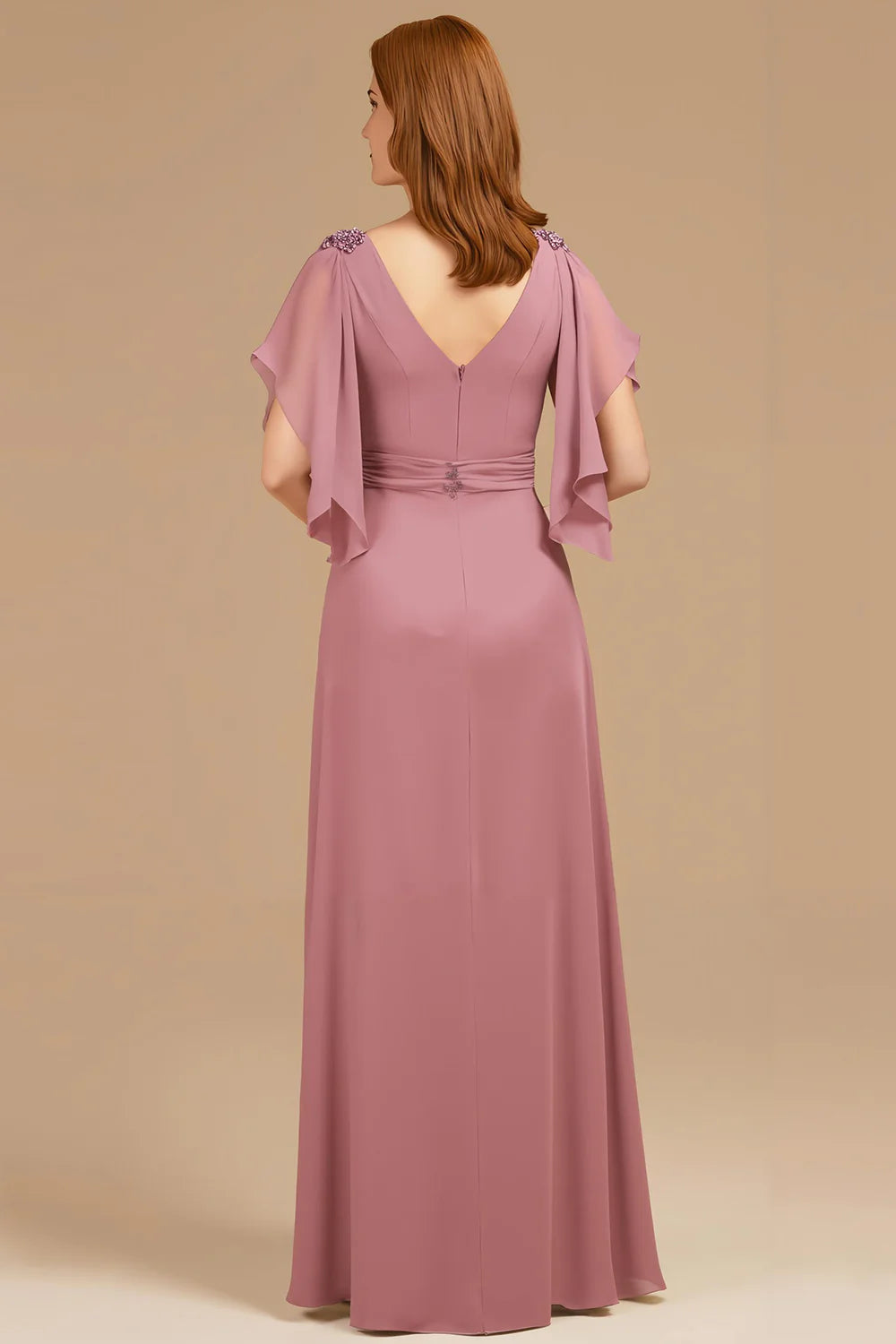 Chic A Line V-Neck Flutter Sleeve Zipper Up Floor-Length Mother of the Bride Dress