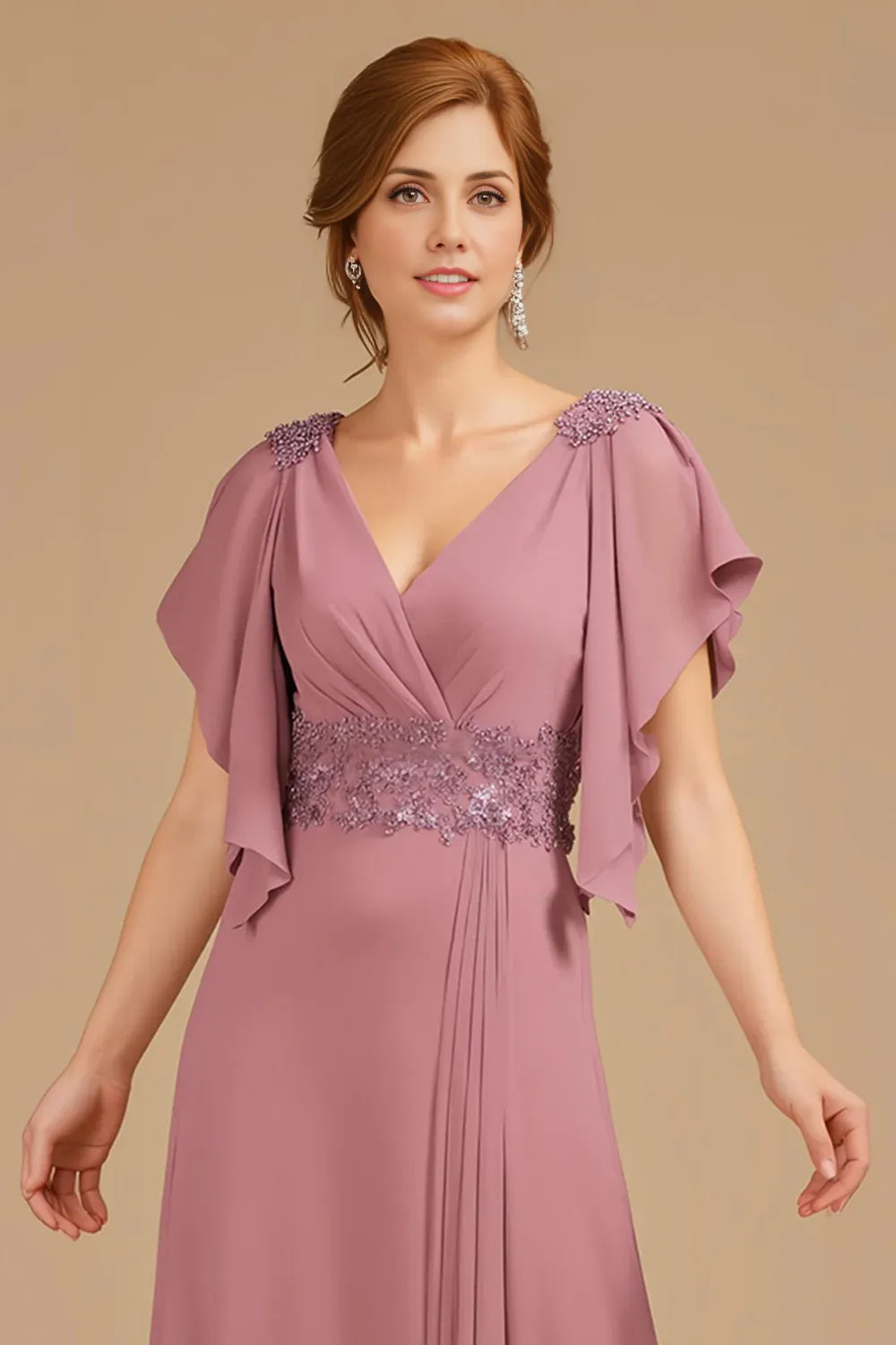 Chic A Line V-Neck Flutter Sleeve Zipper Up Floor-Length Mother of the Bride Dress