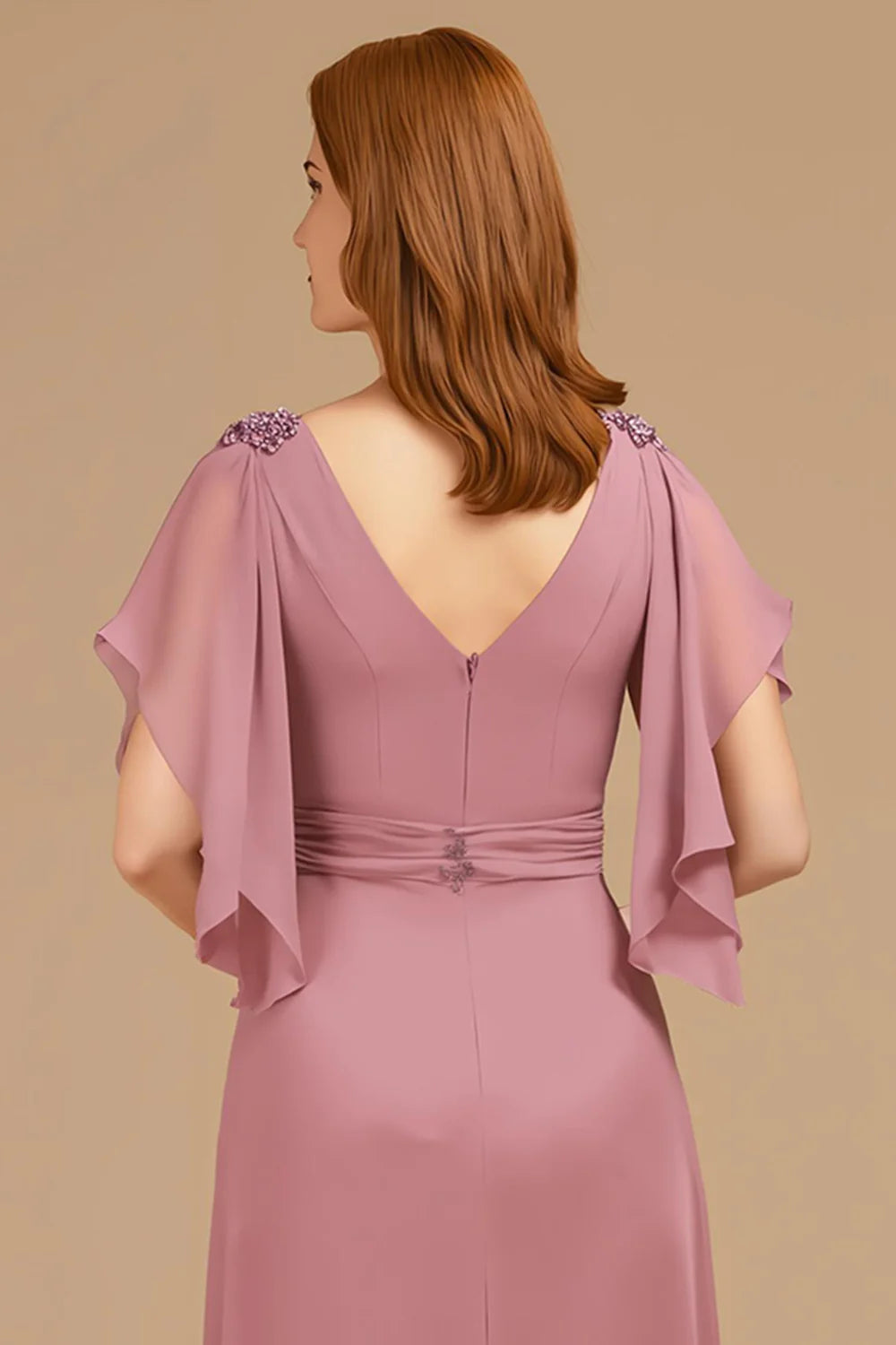 Chic A Line V-Neck Flutter Sleeve Zipper Up Floor-Length Mother of the Bride Dress