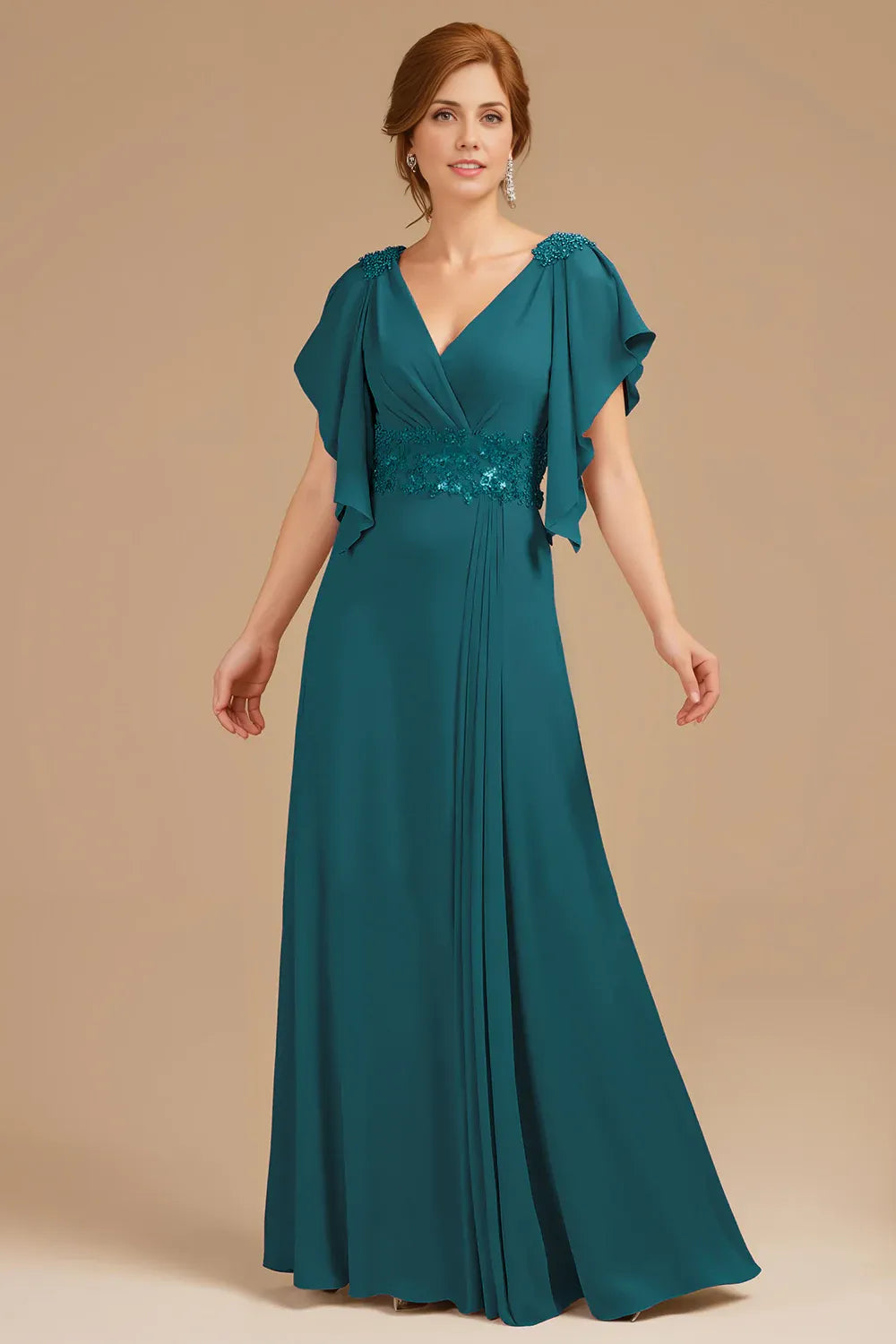 Chic A Line V-Neck Flutter Sleeve Zipper Up Floor-Length Mother of the Bride Dress