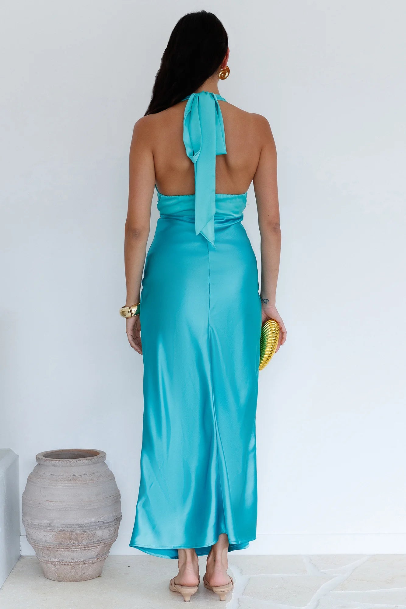 Chic Bias-cut V Neck Sleeveless Backless Ankle-Length Cocktail Dress