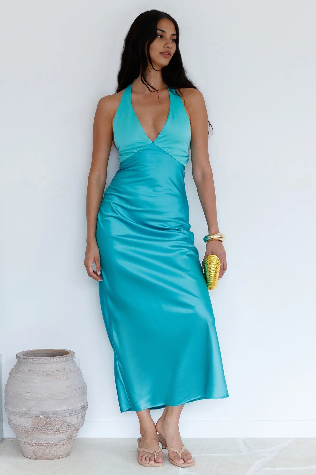 Chic Bias-cut V Neck Sleeveless Backless Ankle-Length Cocktail Dress