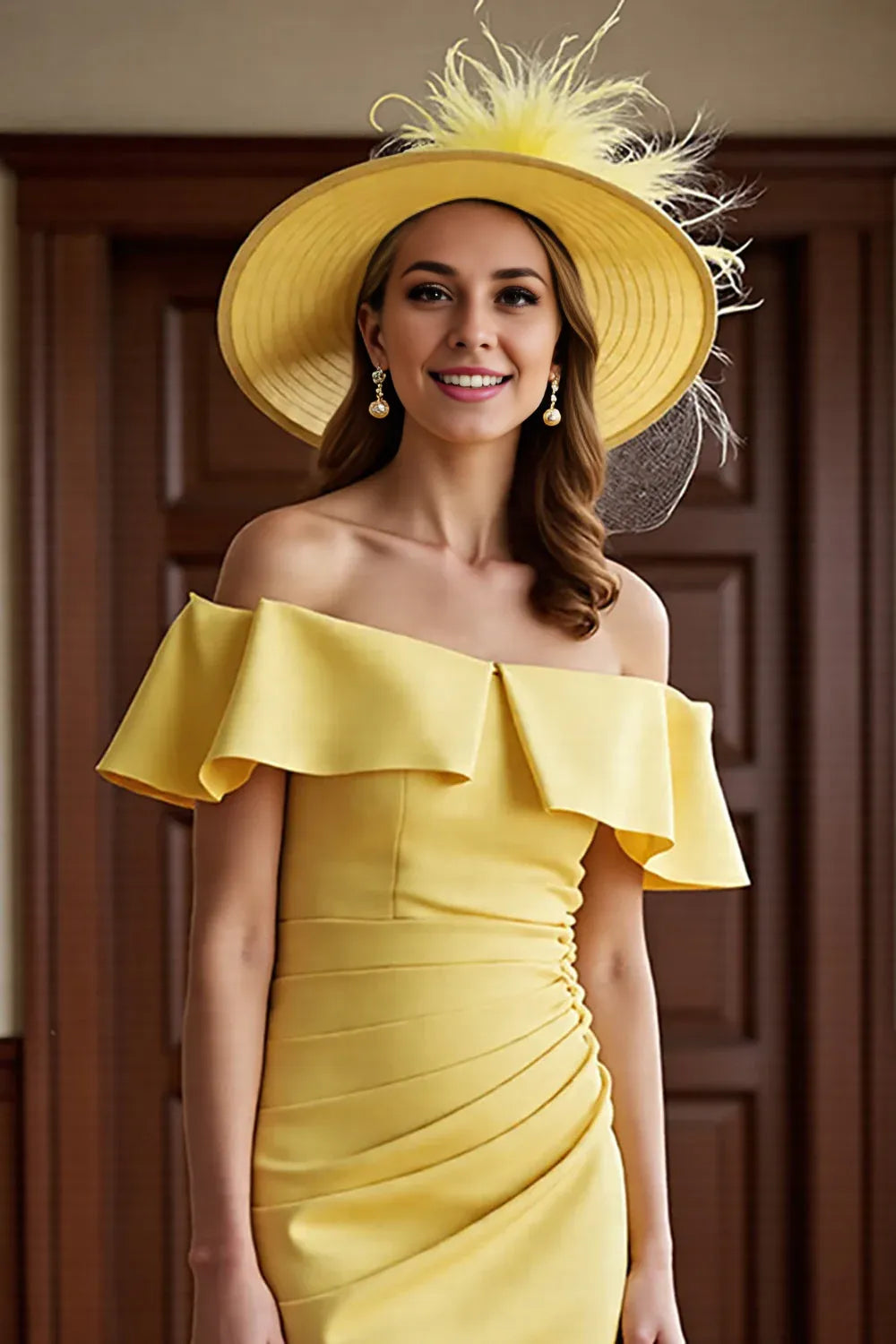 Chic Bodycon Off the Shoulder Dropped Shoulder Sleeves Zipper Up Tea-Length Mother of the Bride Dress