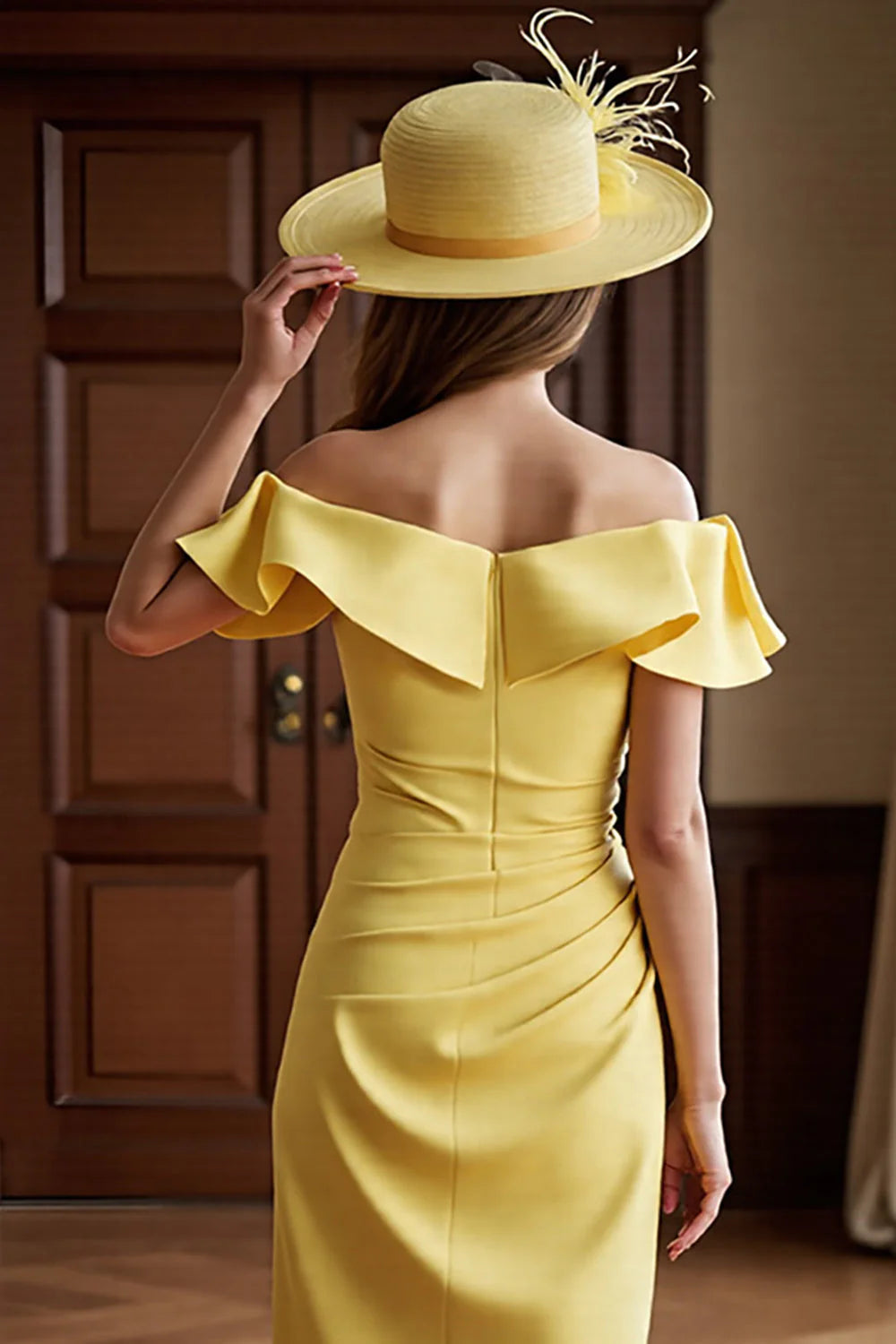 Chic Bodycon Off the Shoulder Dropped Shoulder Sleeves Zipper Up Tea-Length Mother of the Bride Dress