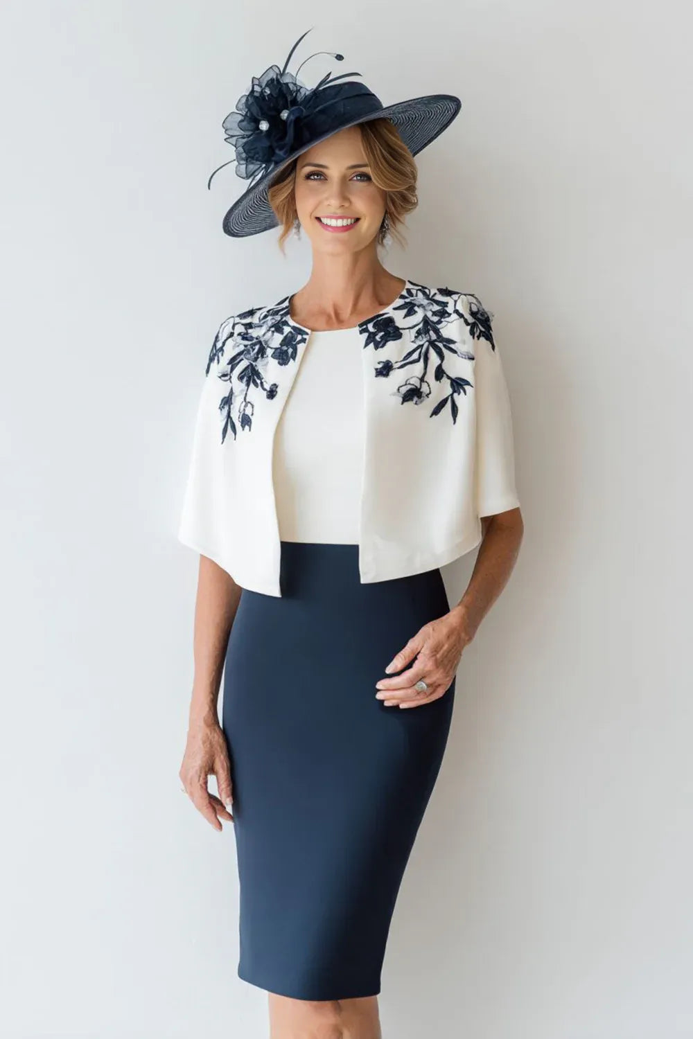 Chic Bodycon Scoop-Neck Cape Sleeves Full Coverage Tea-Length Mother of the Bride Dress
