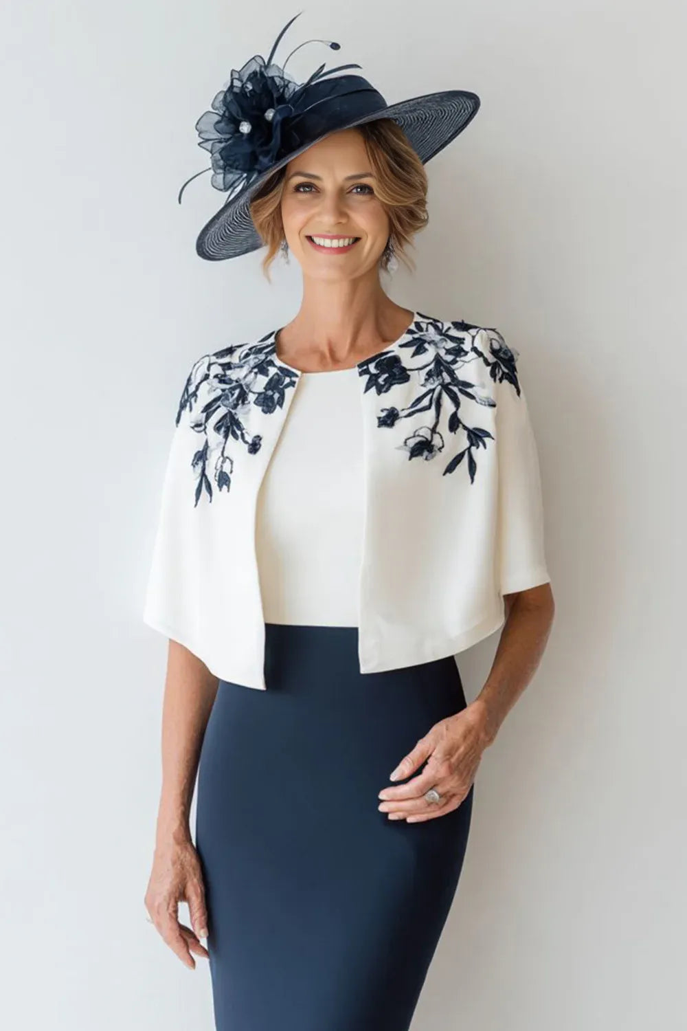 Chic Bodycon Scoop-Neck Cape Sleeves Full Coverage Tea-Length Mother of the Bride Dress