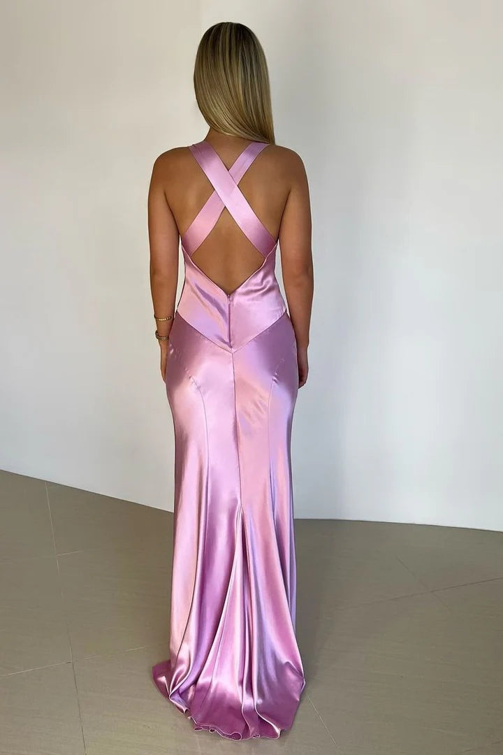 Robe de bal longue en satin plissée, col en V, bretelles croisées chics, sans manches, avec fente 